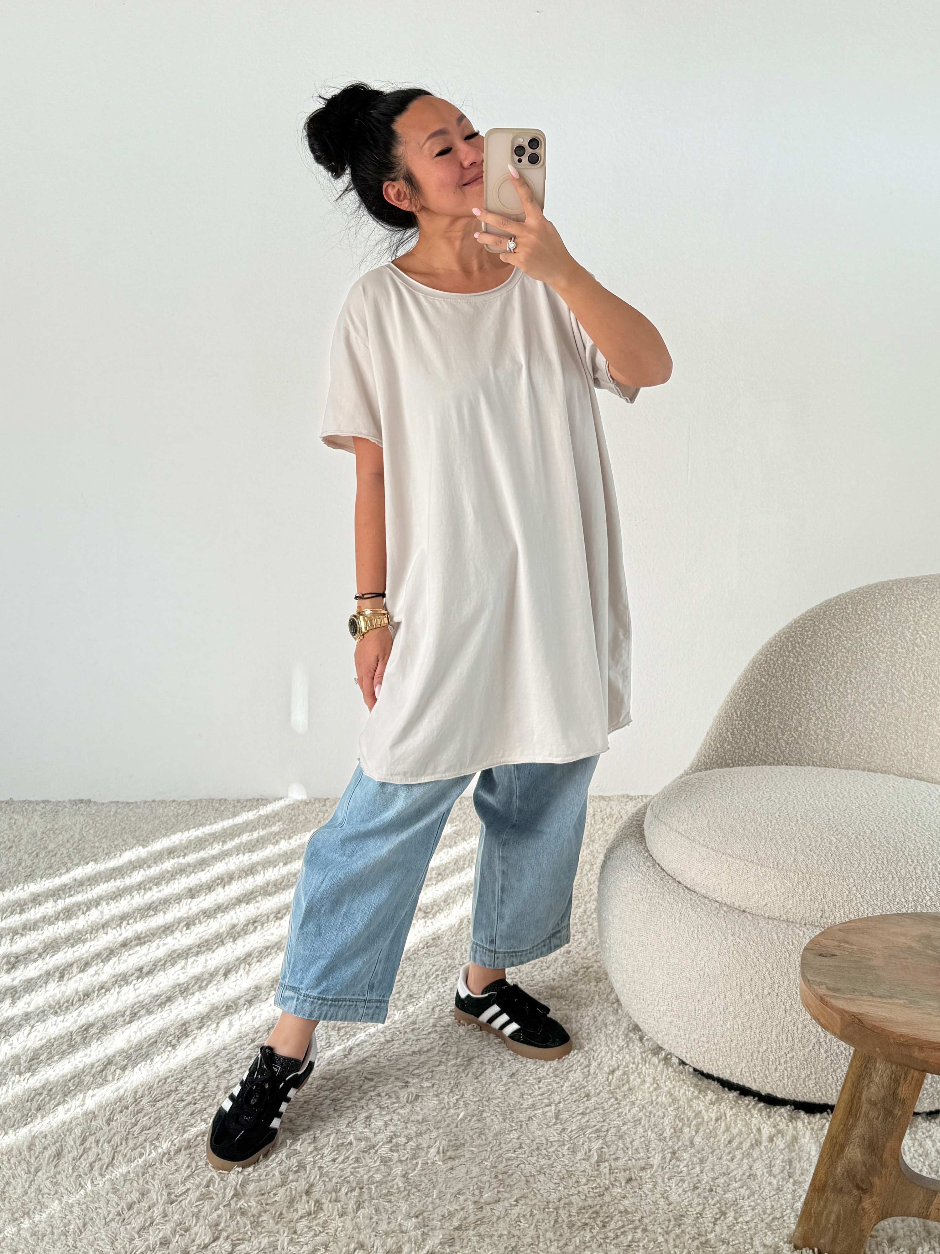 Basic Long Kurzarmshirt - Beige