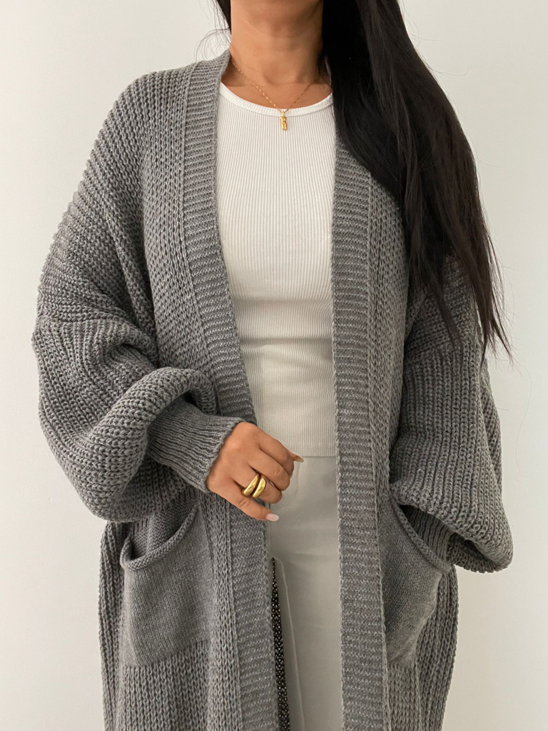 Cozy Long Cardigan mit Taschen  - Dunkelgrau