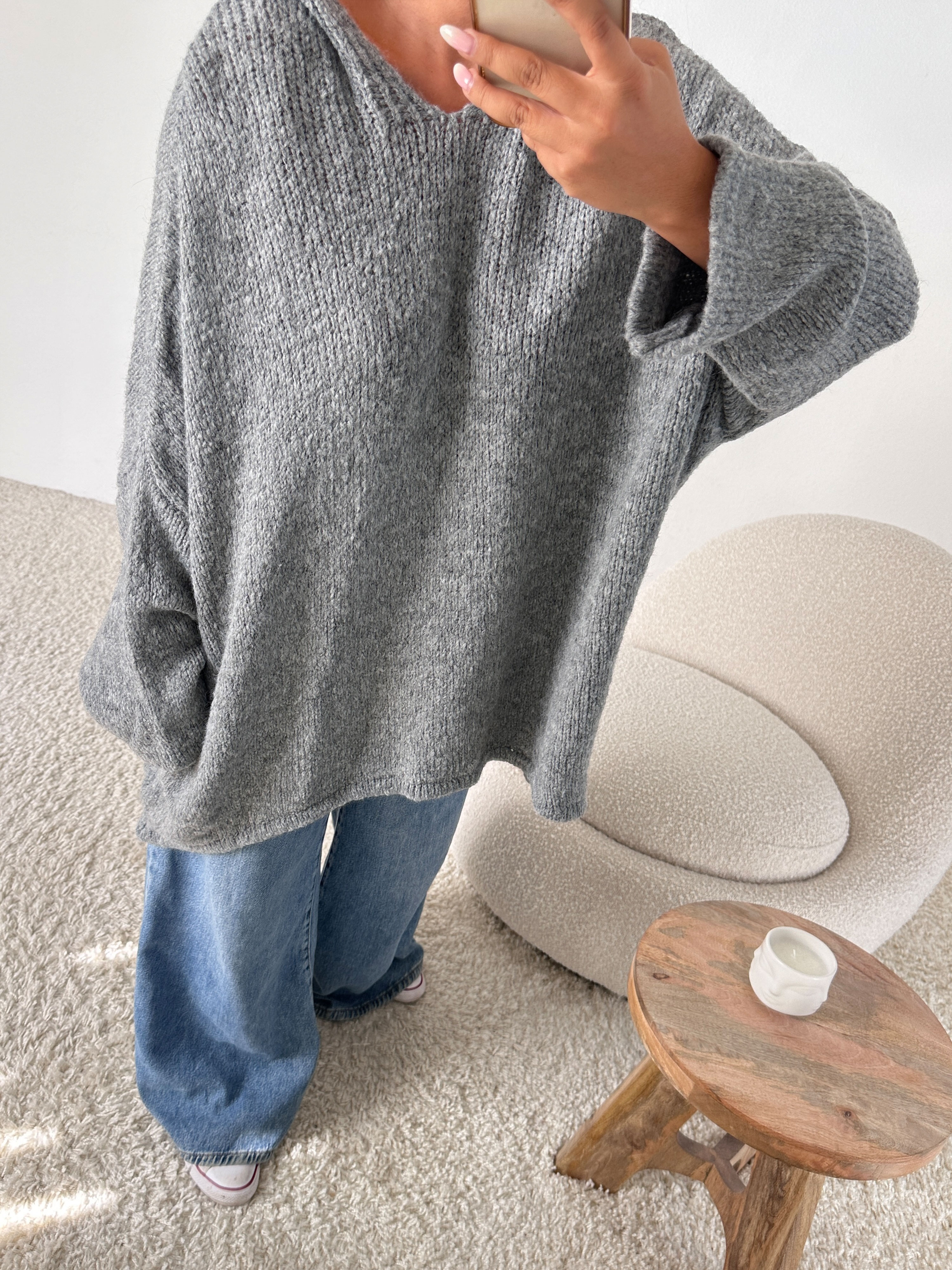 Oversize Vokuhila Hoodie Strickpullover - Grau