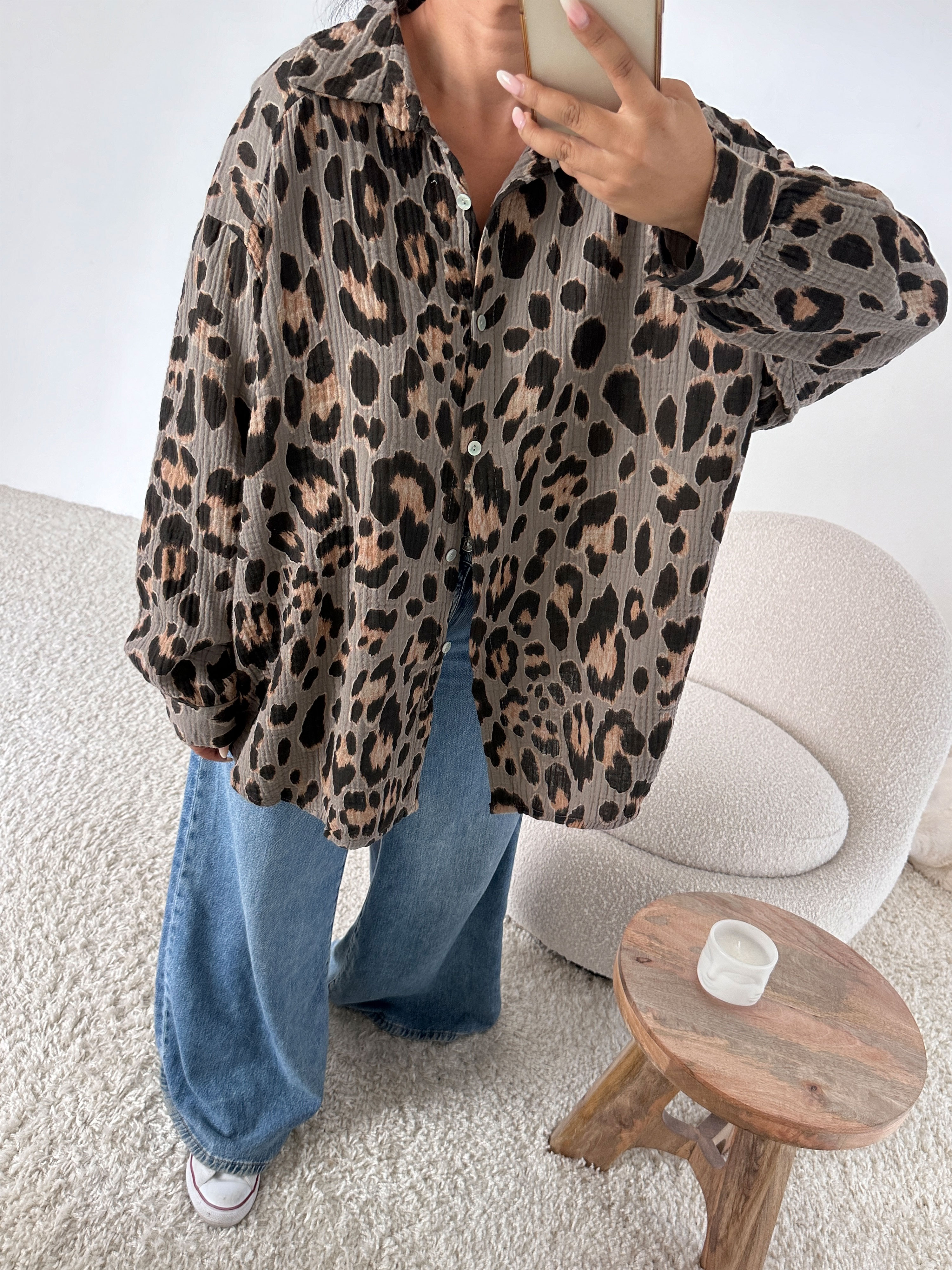 Musselin Midi Oversize Bluse - NALA - LEOPARD Taupe