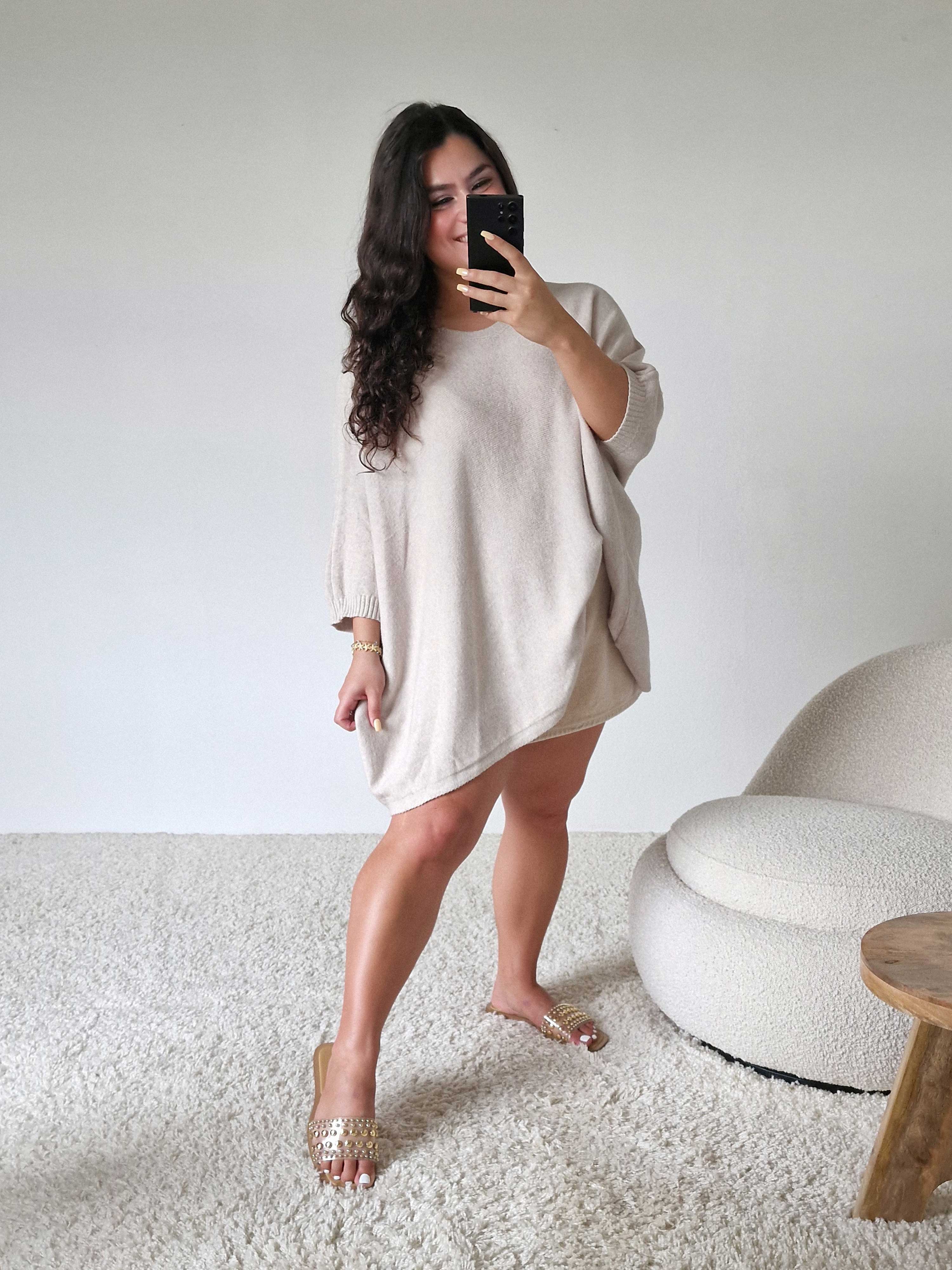 Oversize Viskose Kurzarm Poncho - Oatmeal