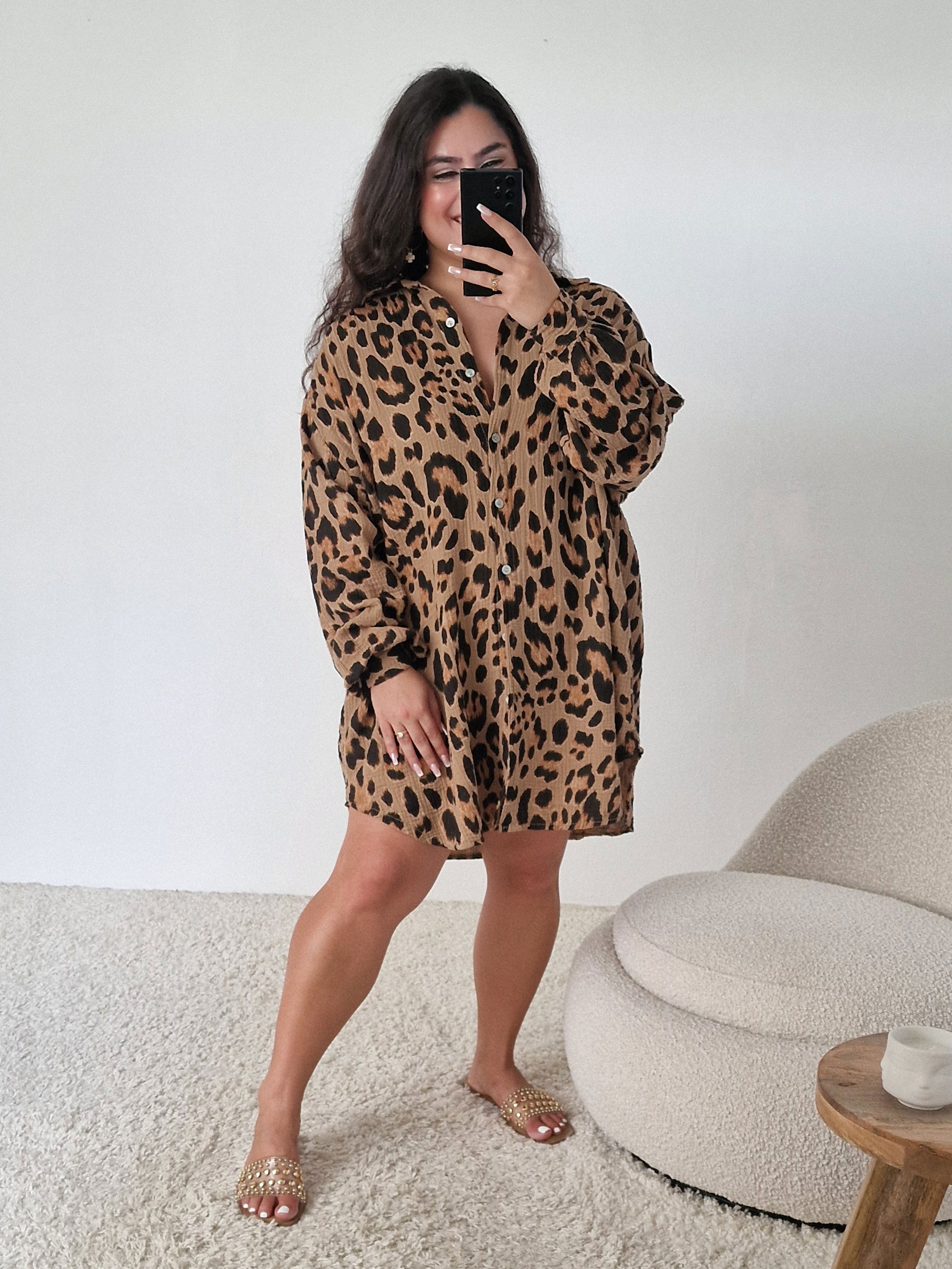 Musselin Long Oversize Bluse - NALA - LEOPARD Camel