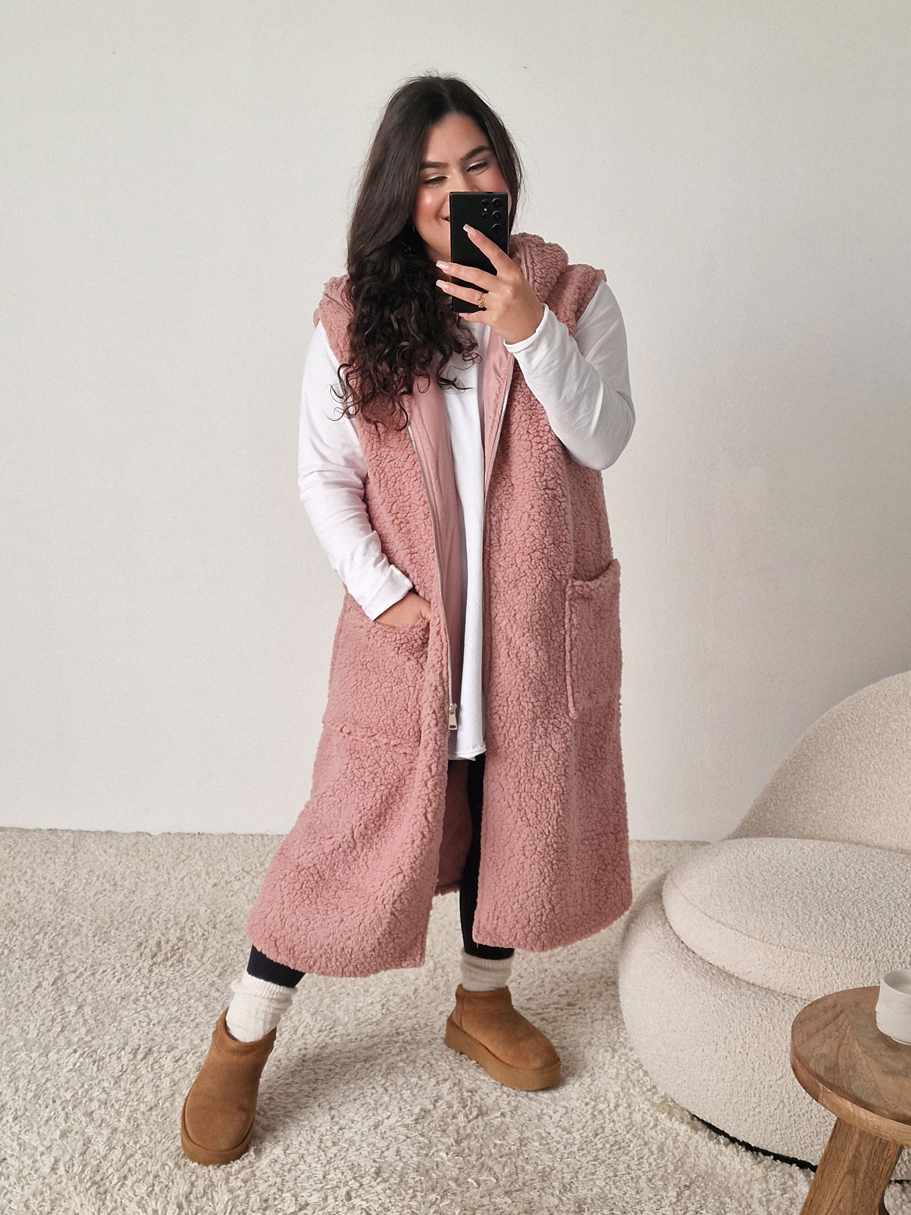 Teddylook Long Weste mit Kapuze - Blush