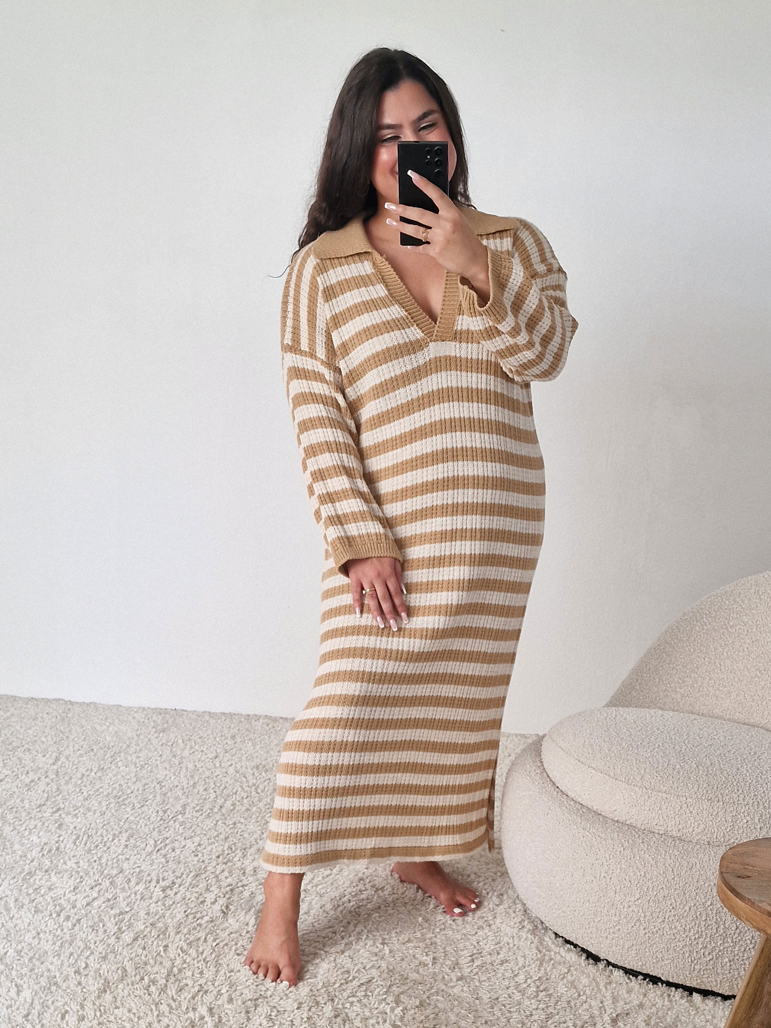 Langarm Strickkleid Santanyi - STRIPES - Caramel