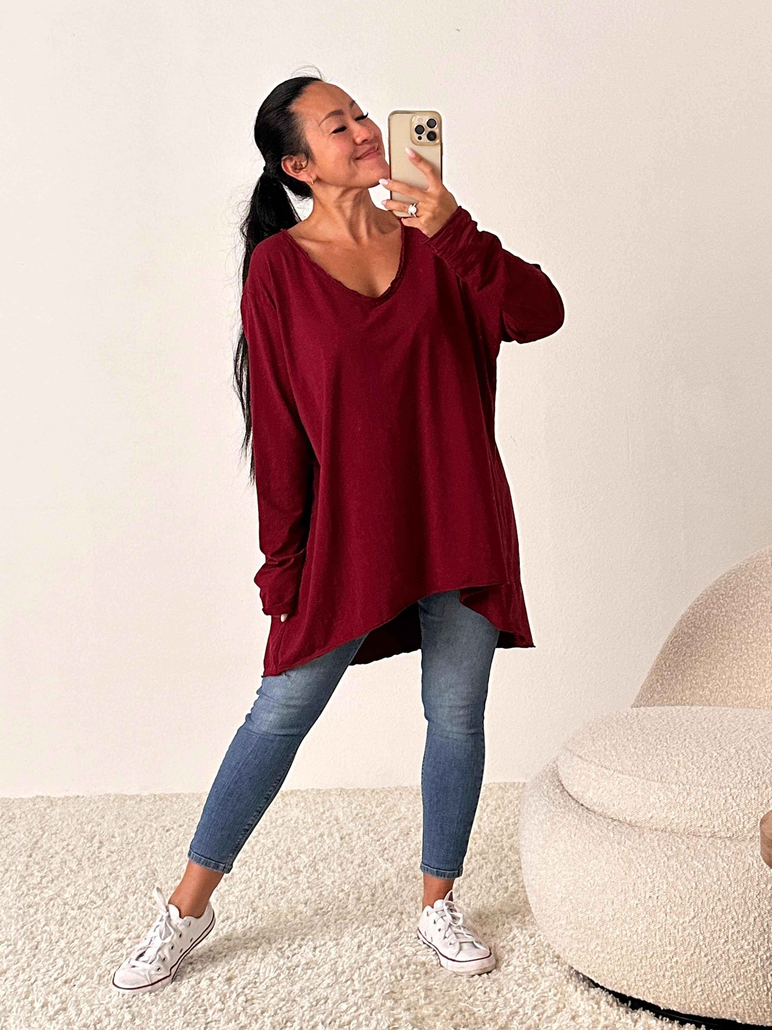 Basic Vokuhila Langarmshirt V-NECK - Bordeaux