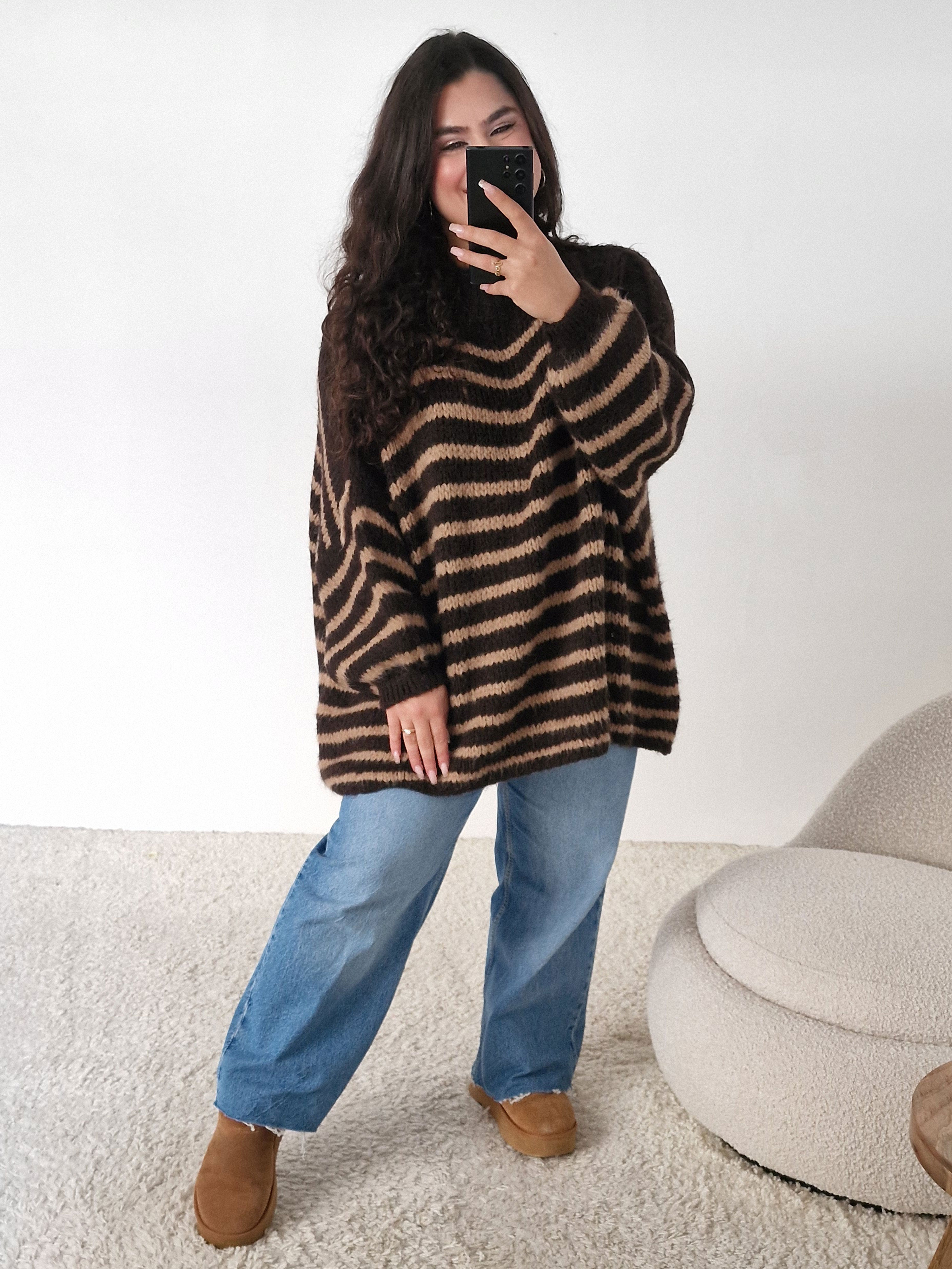 Oversize Strickpullover mit Stehkragen FLAUSCHI - TALL - STRIPES - Schoko