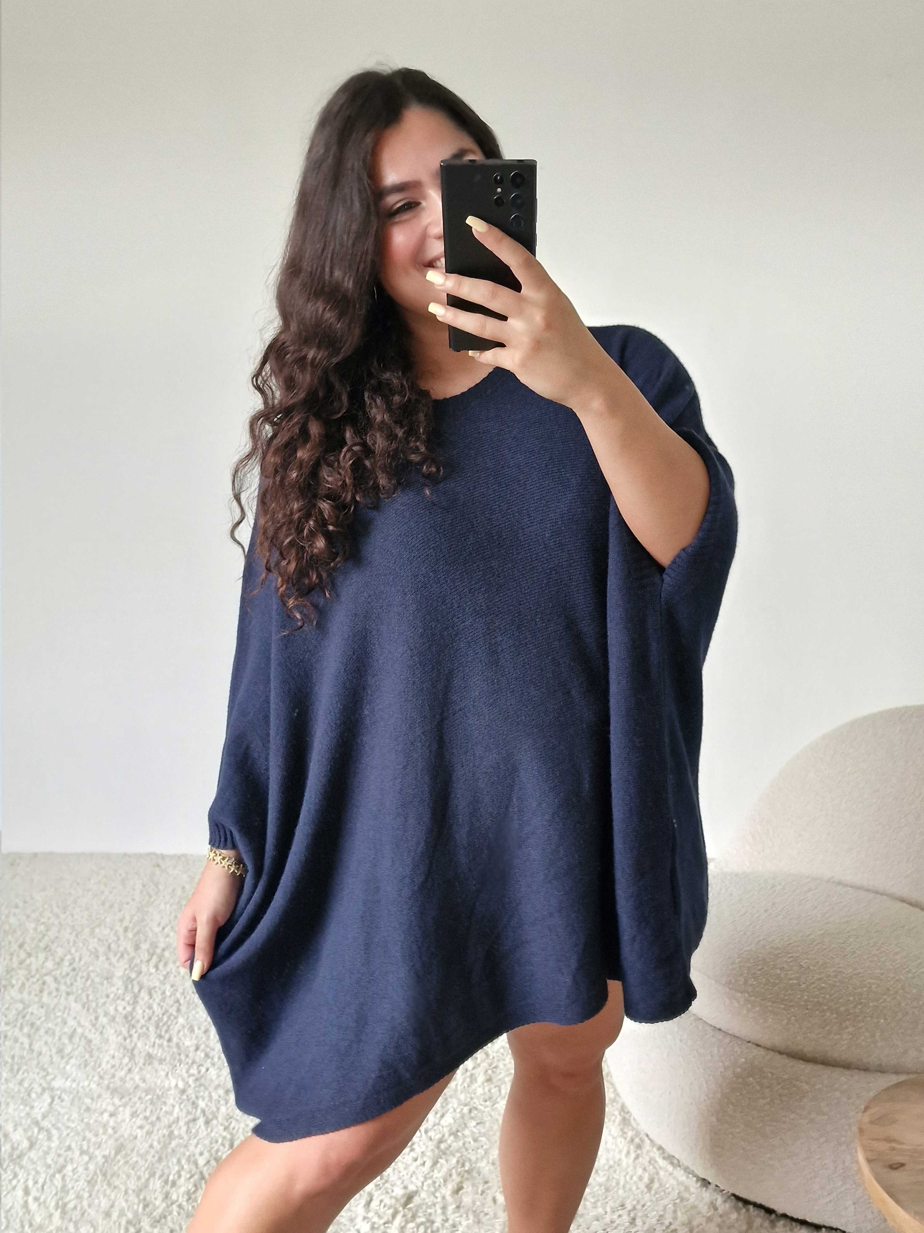 Oversize Viskose Kurzarm Poncho - Navy