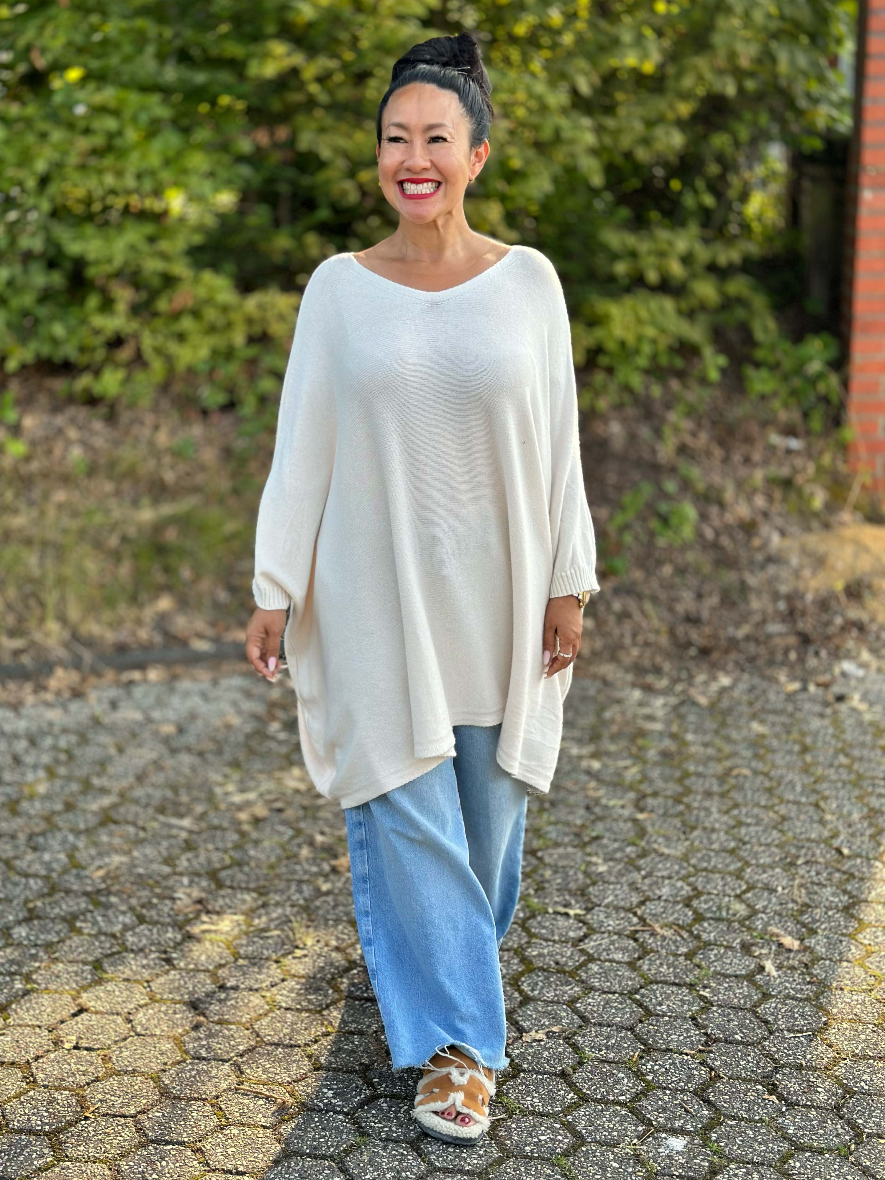 Oversize Viskose Kurzarm Poncho - Creme