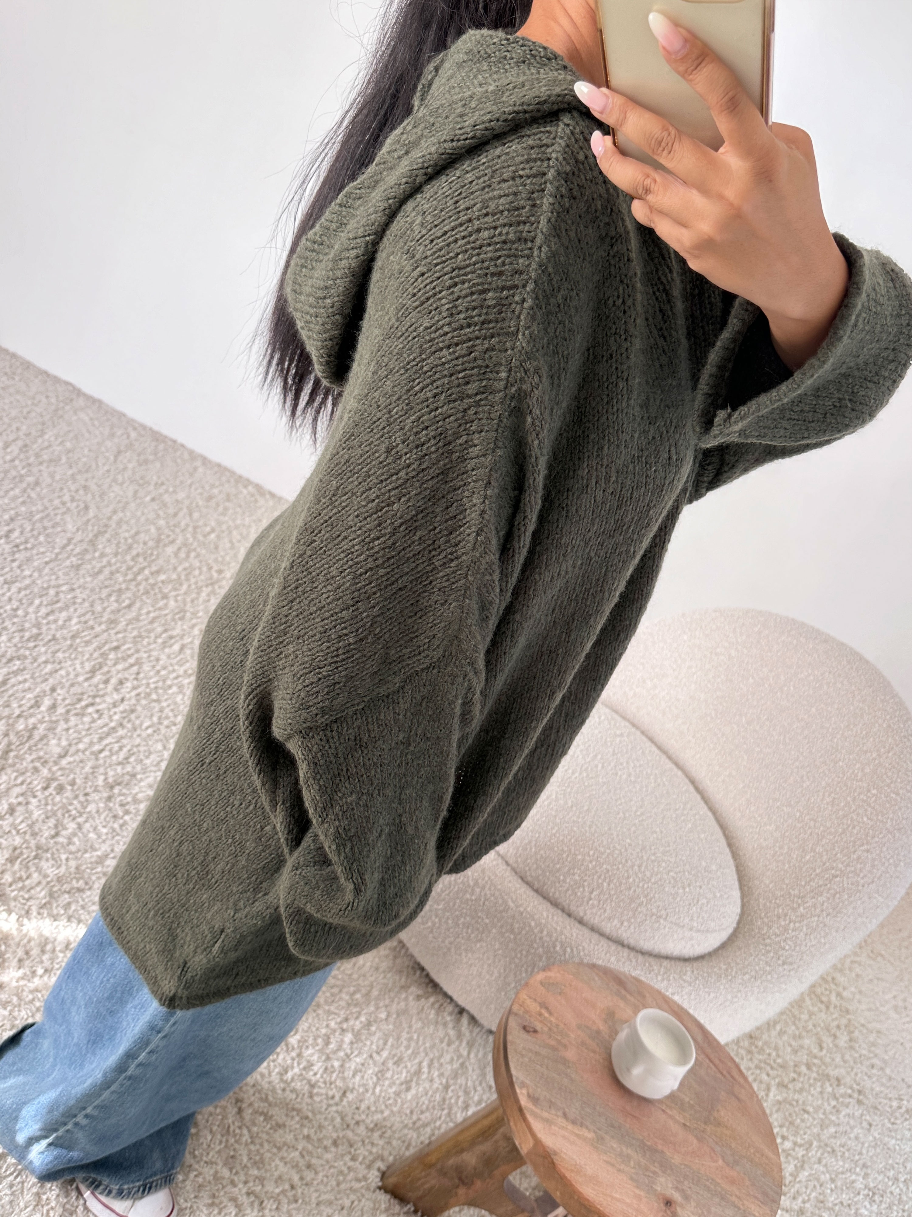 Oversize Vokuhila Hoodie Strickpullover - Olive