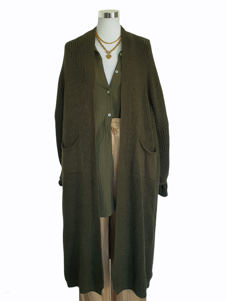 Cozy Long Cardigan mit Taschen  - Olive