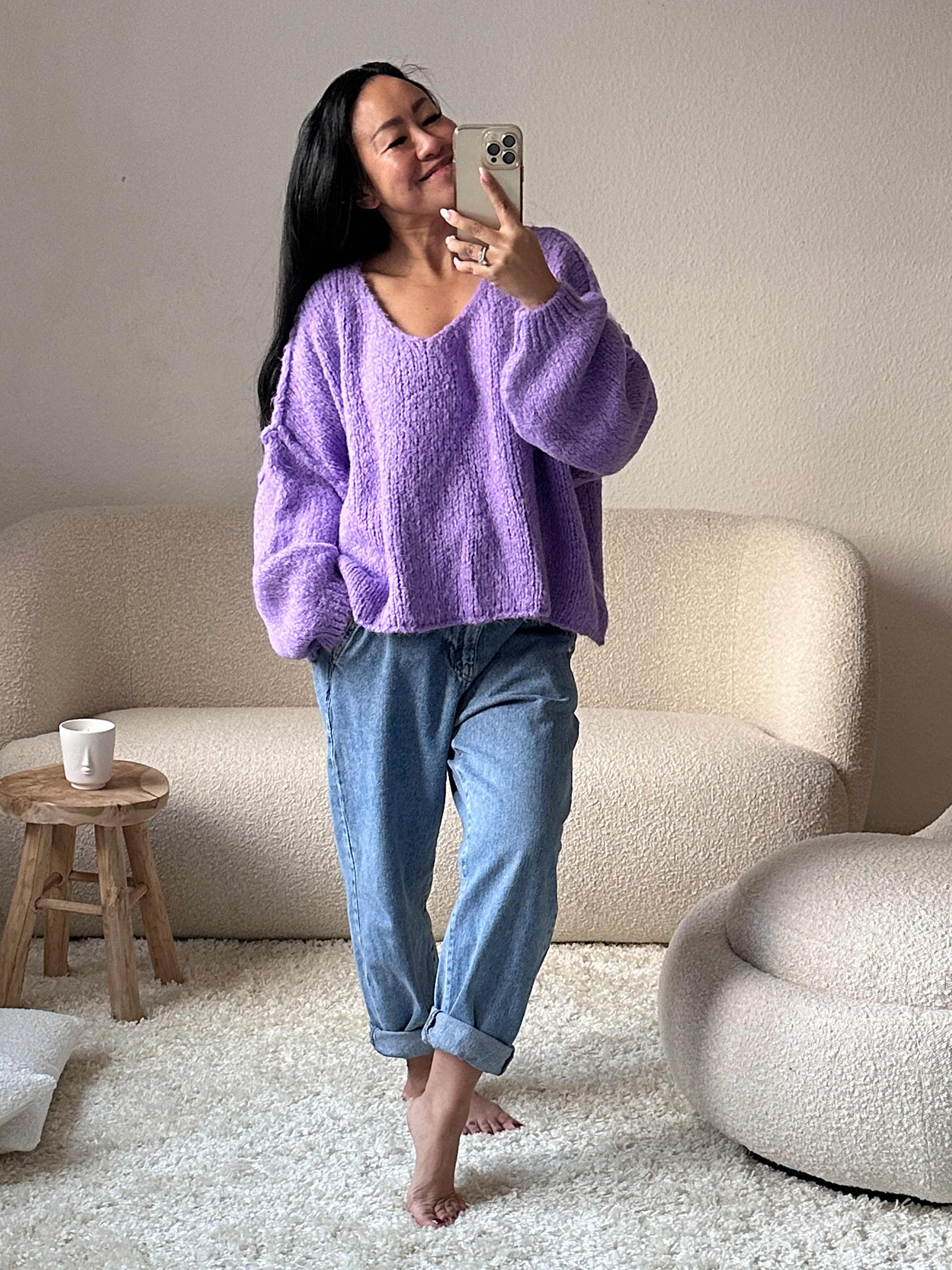 Oversize CROPPED Strickpullover mit V-Ausschnitt - FLAUSCHI - Flieder