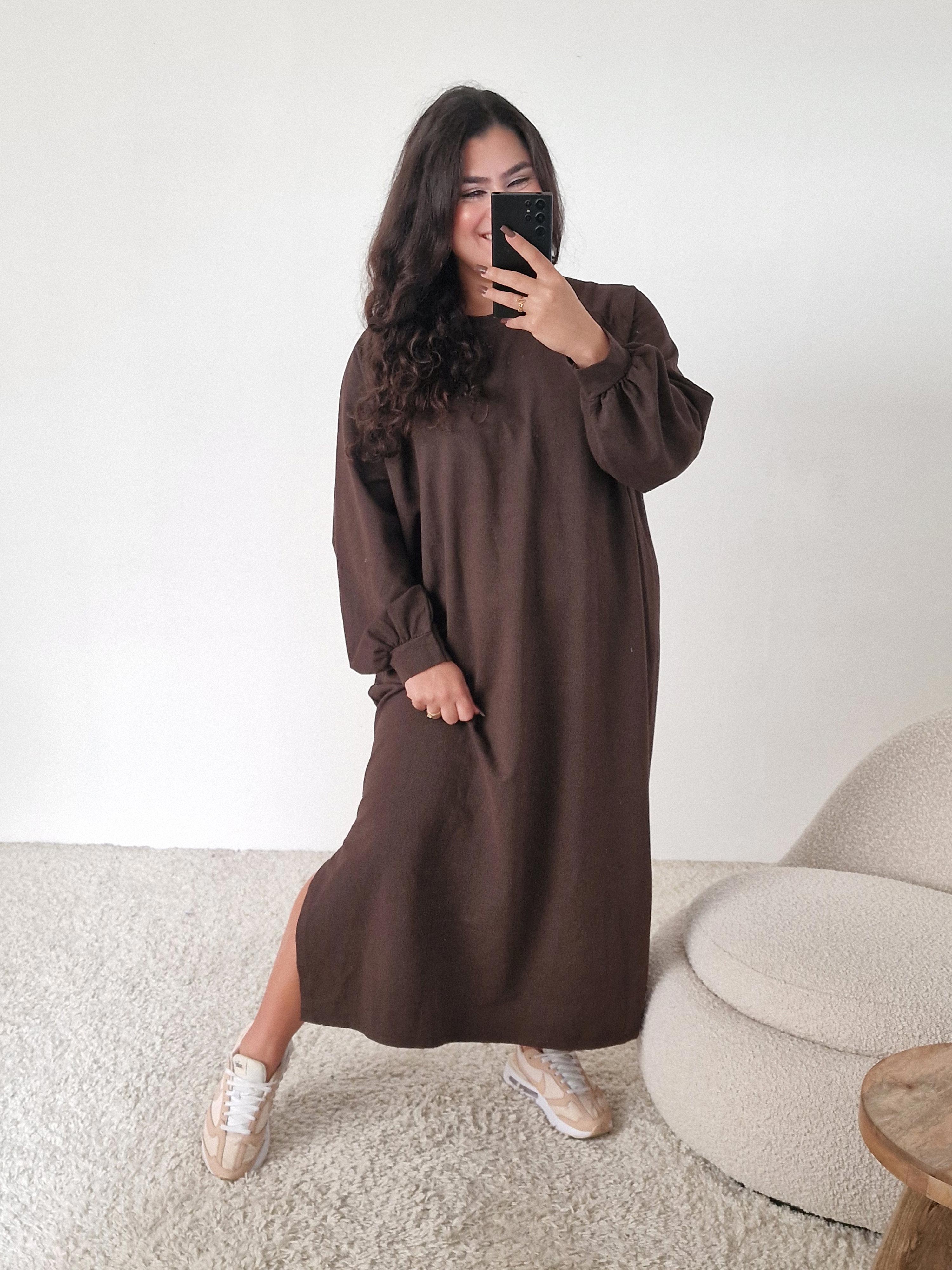 Oversize Langarm Sweatkleid - Schoko