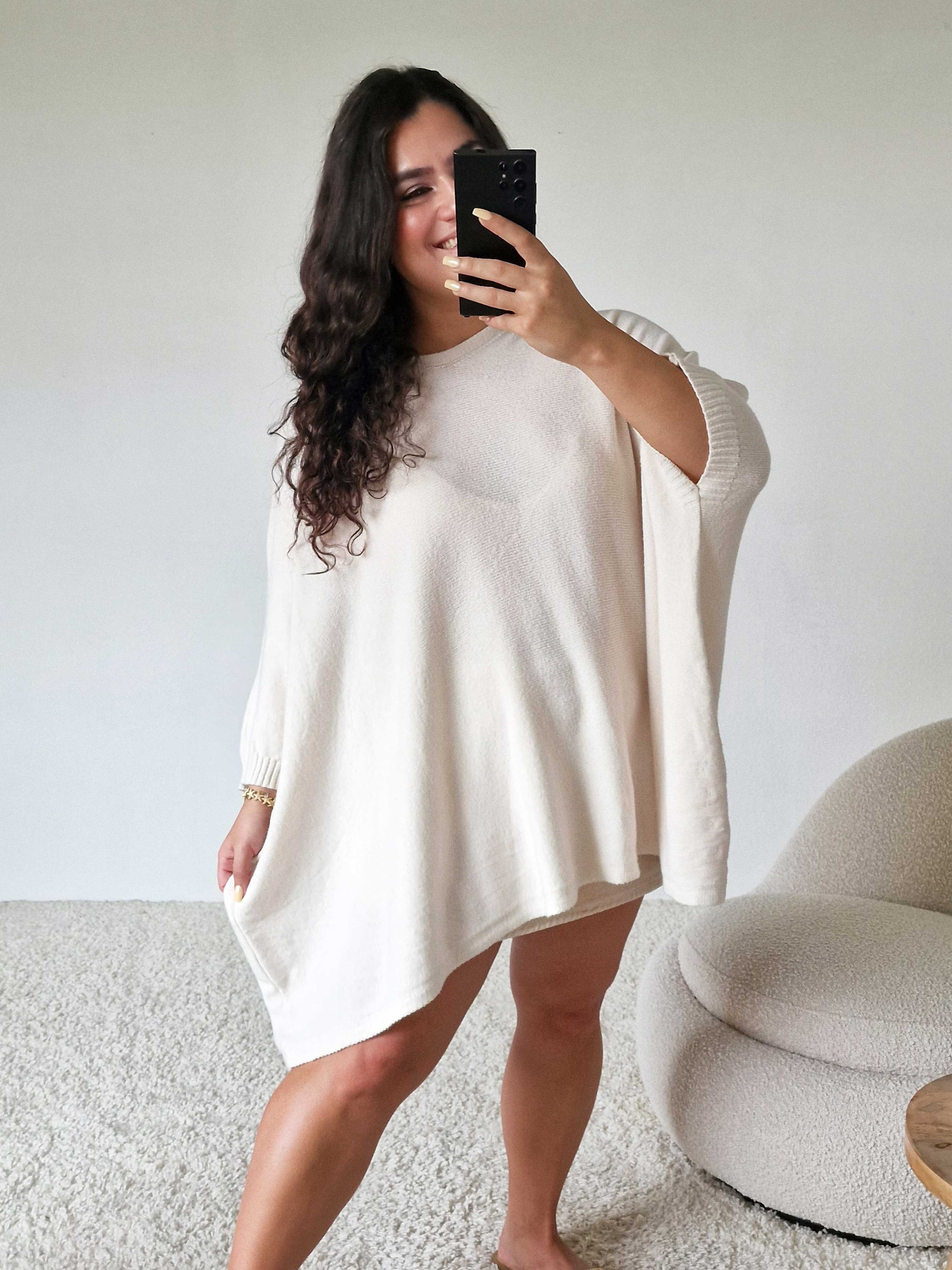 Oversize Viskose Kurzarm Poncho - Creme