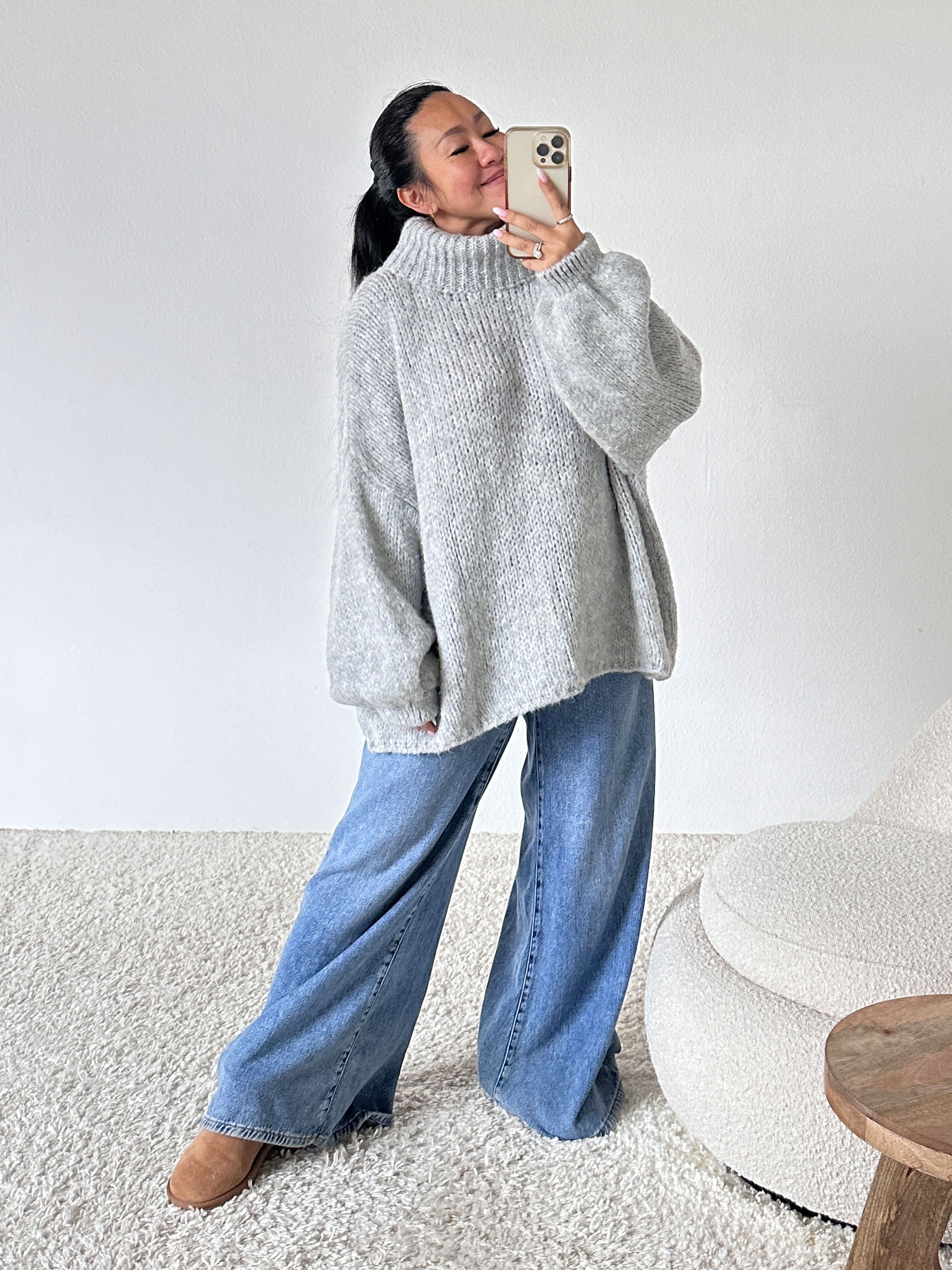 Oversize Pullover mit Schalkragen - FLAUSCHI - Hellgrau