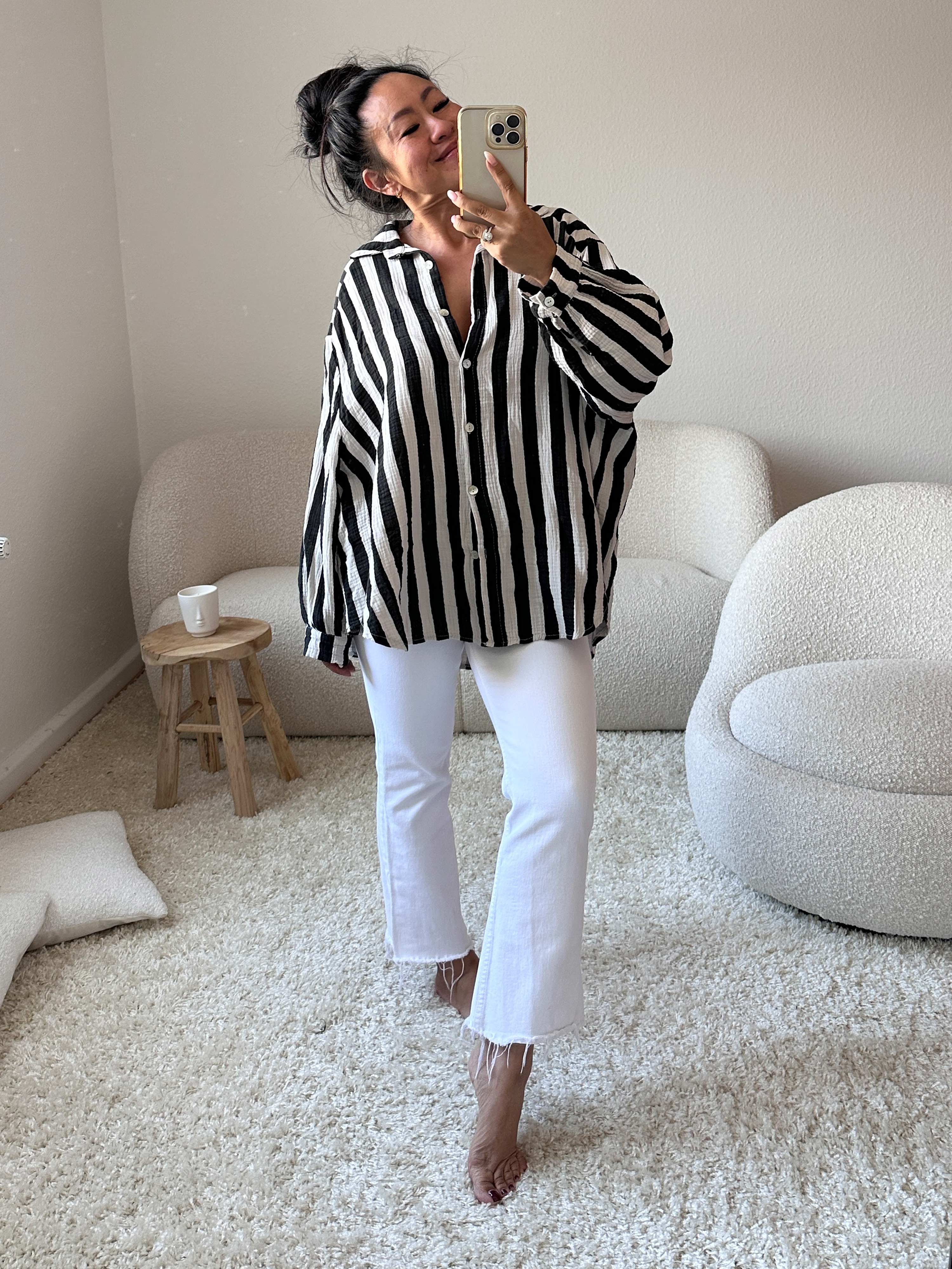 Musselin Midi Oversize Bluse - BIG STRIPES - Schwarz/Creme