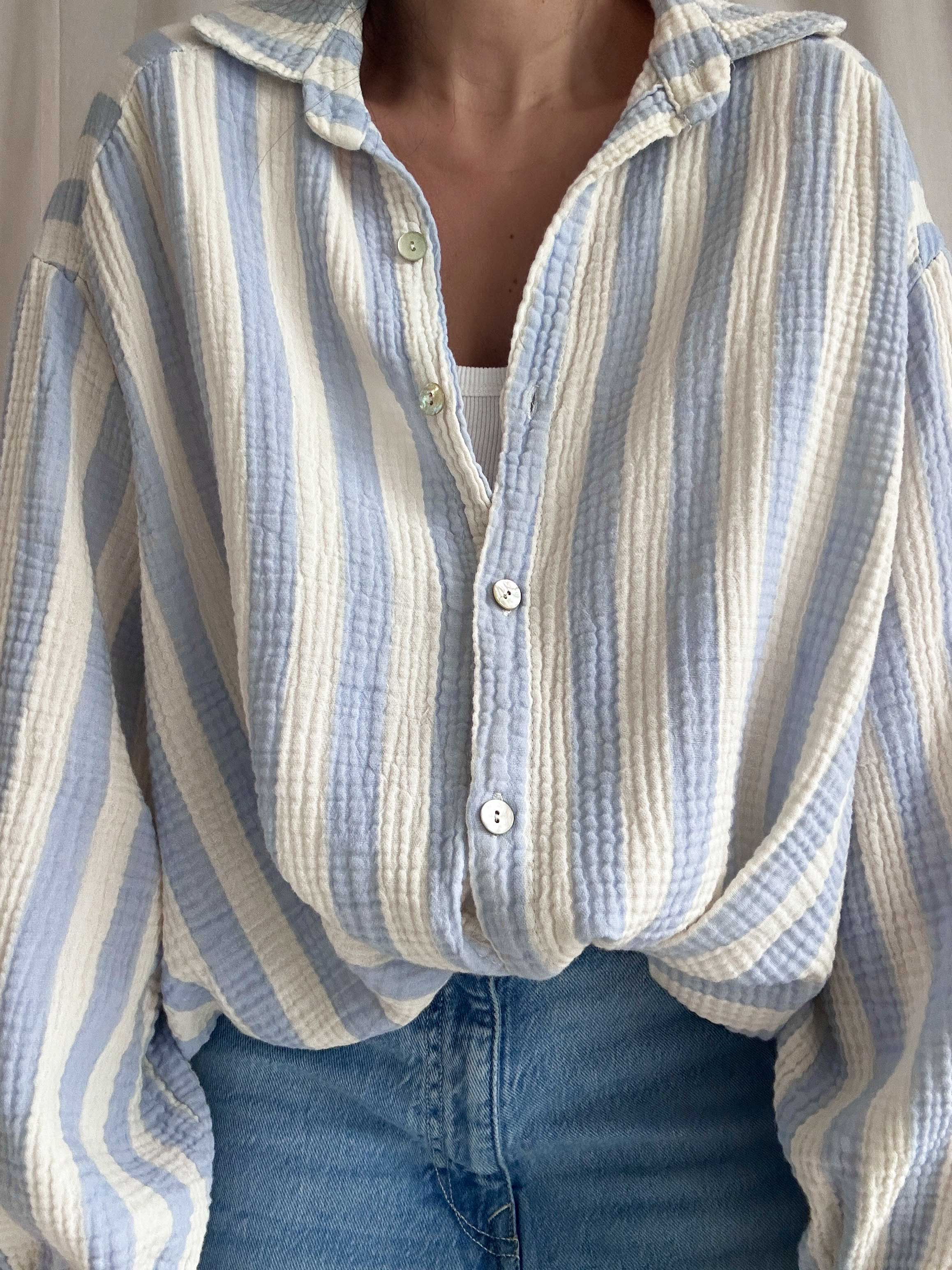 Musselin Midi Oversize Bluse - BIG STRIPES - Blau/Vanille