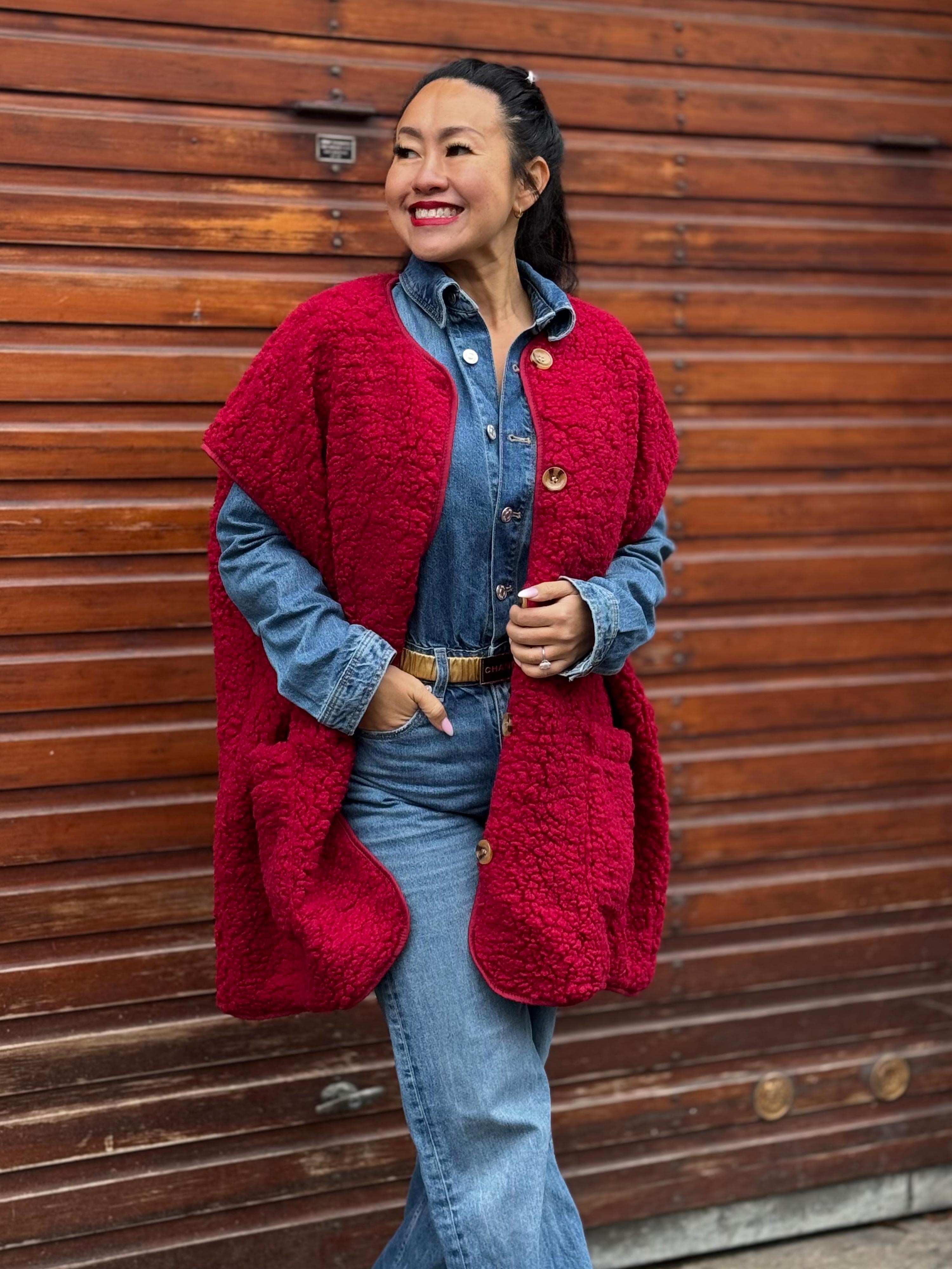 Oversize Teddylook Weste - ALMA - Rouge