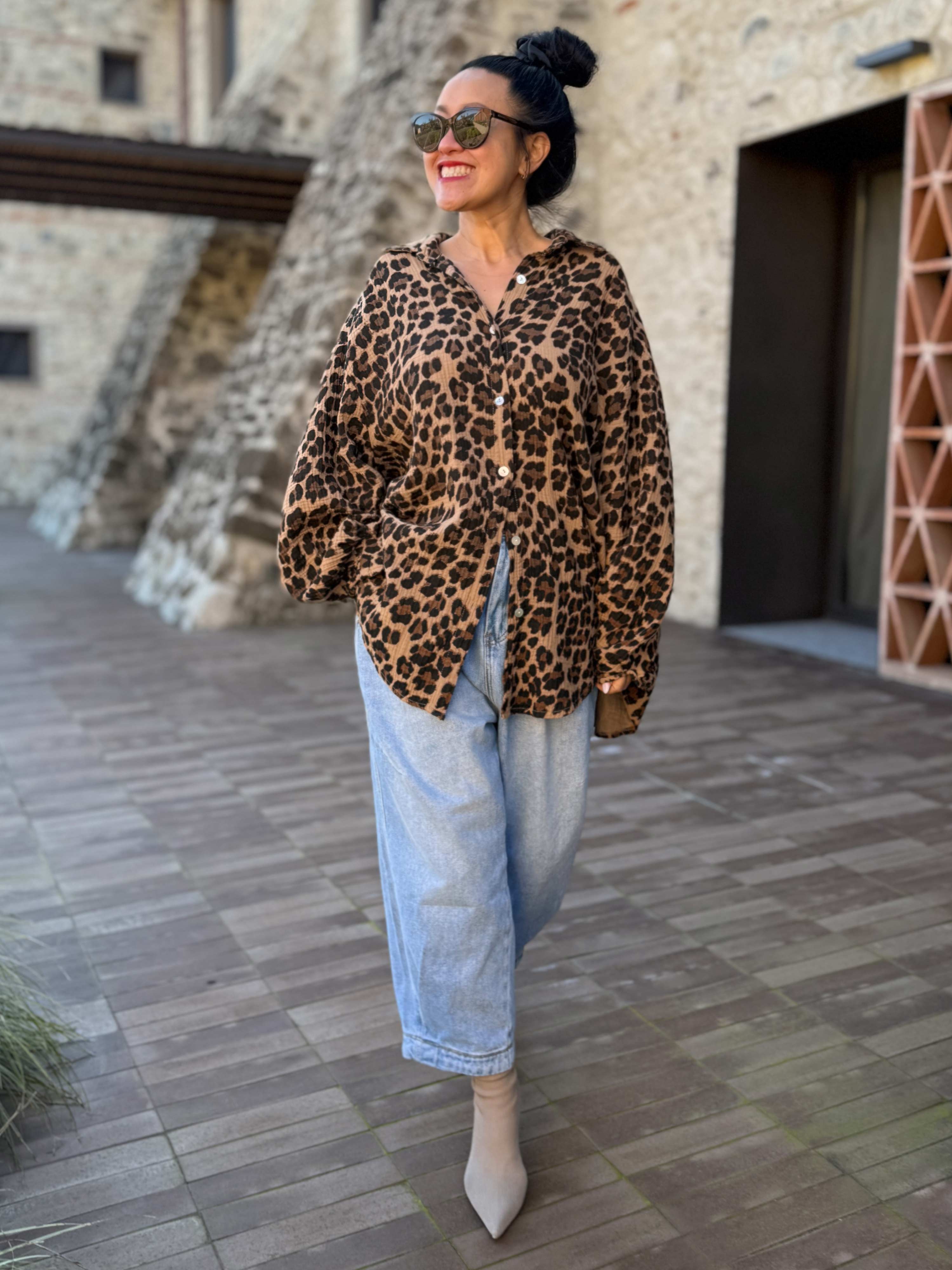 Musselin Midi Oversize Bluse - LEOPARD - Camel