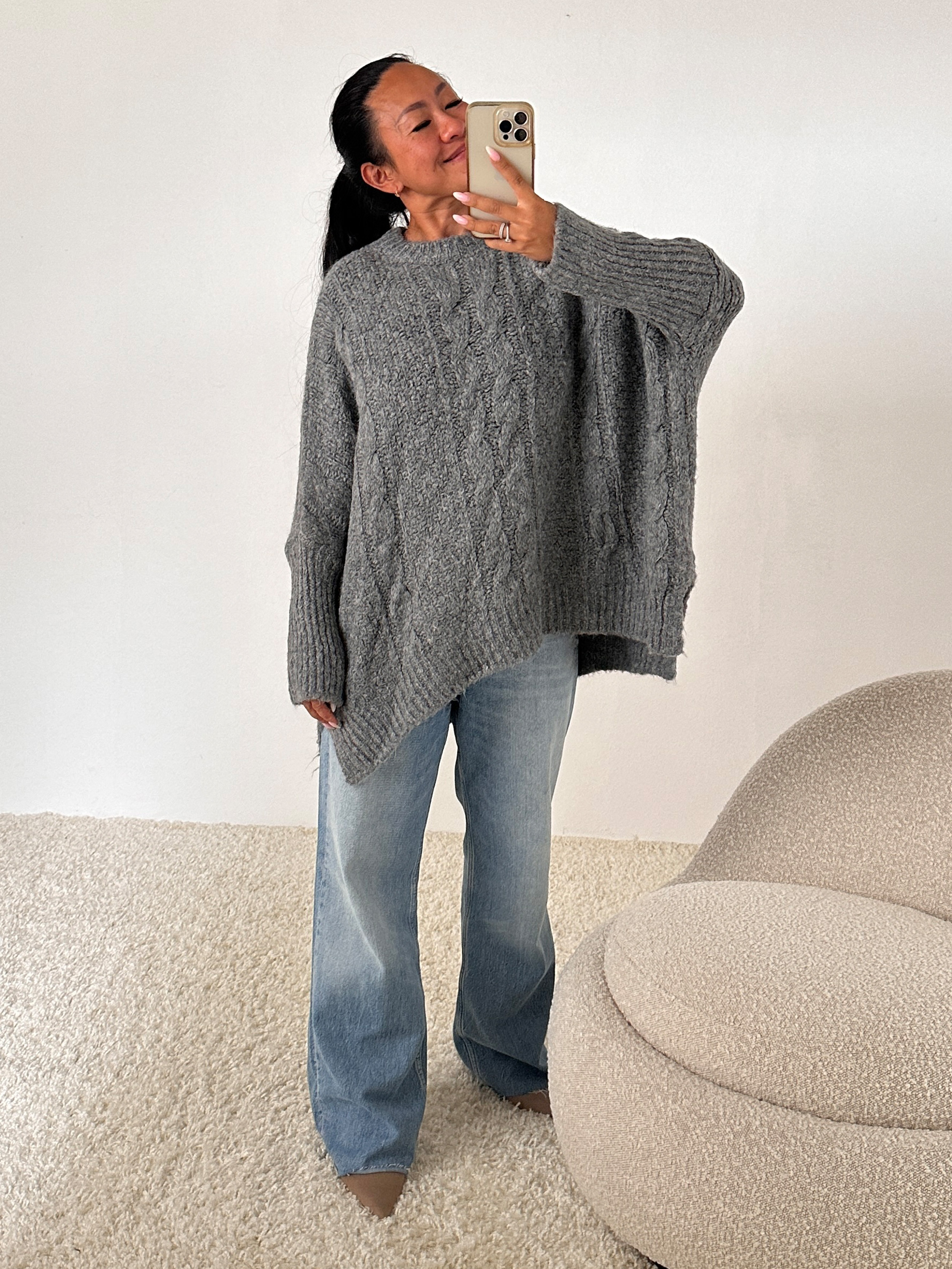 Oversize Strickpullover mit Zopfmuster - Anthrazit