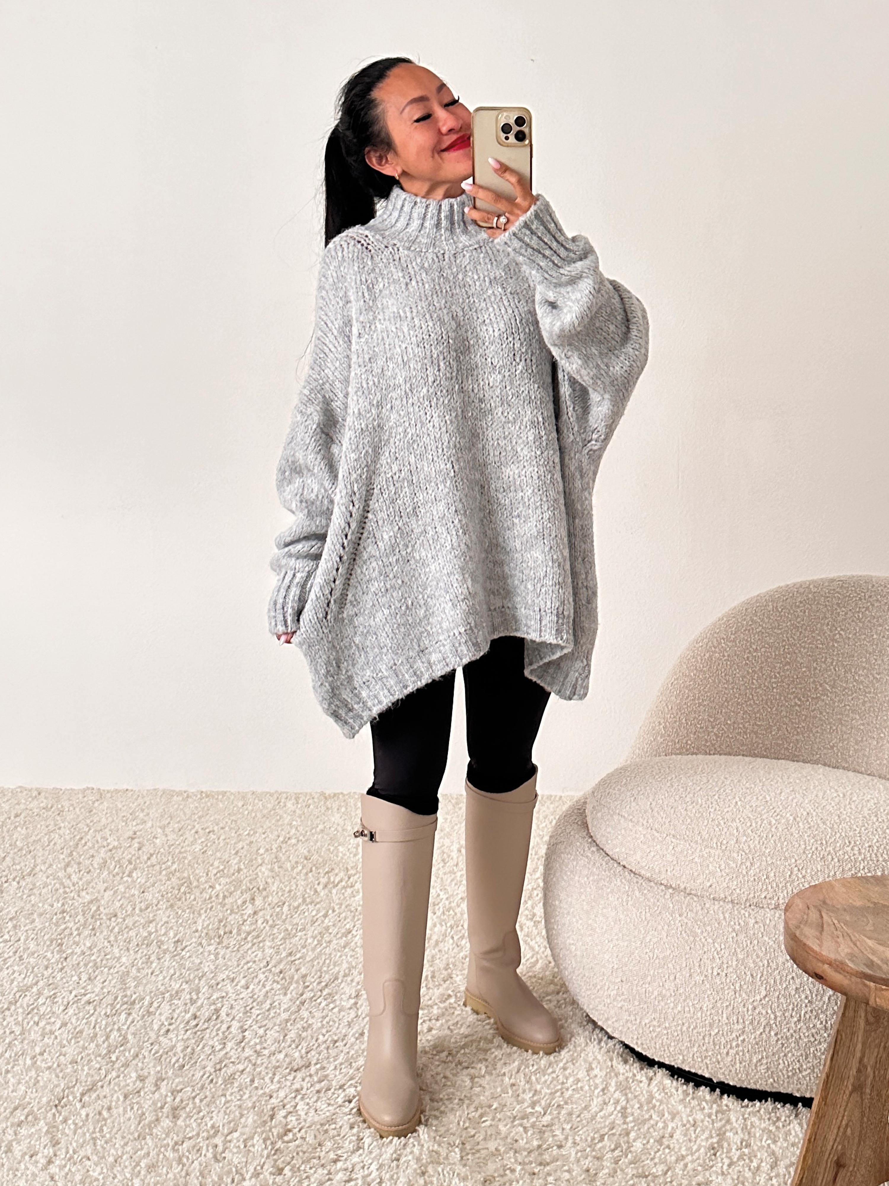 Oversize Strickpullover mit feinem Lochmuster - FLAUSCHI - Hellgrau