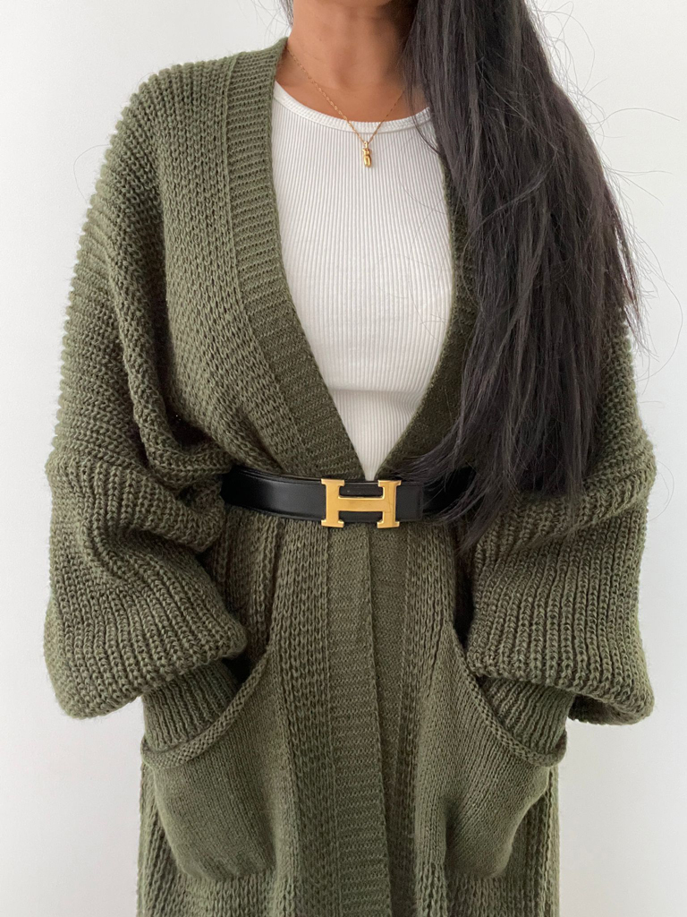 Cozy Long Cardigan mit Taschen  - Olive