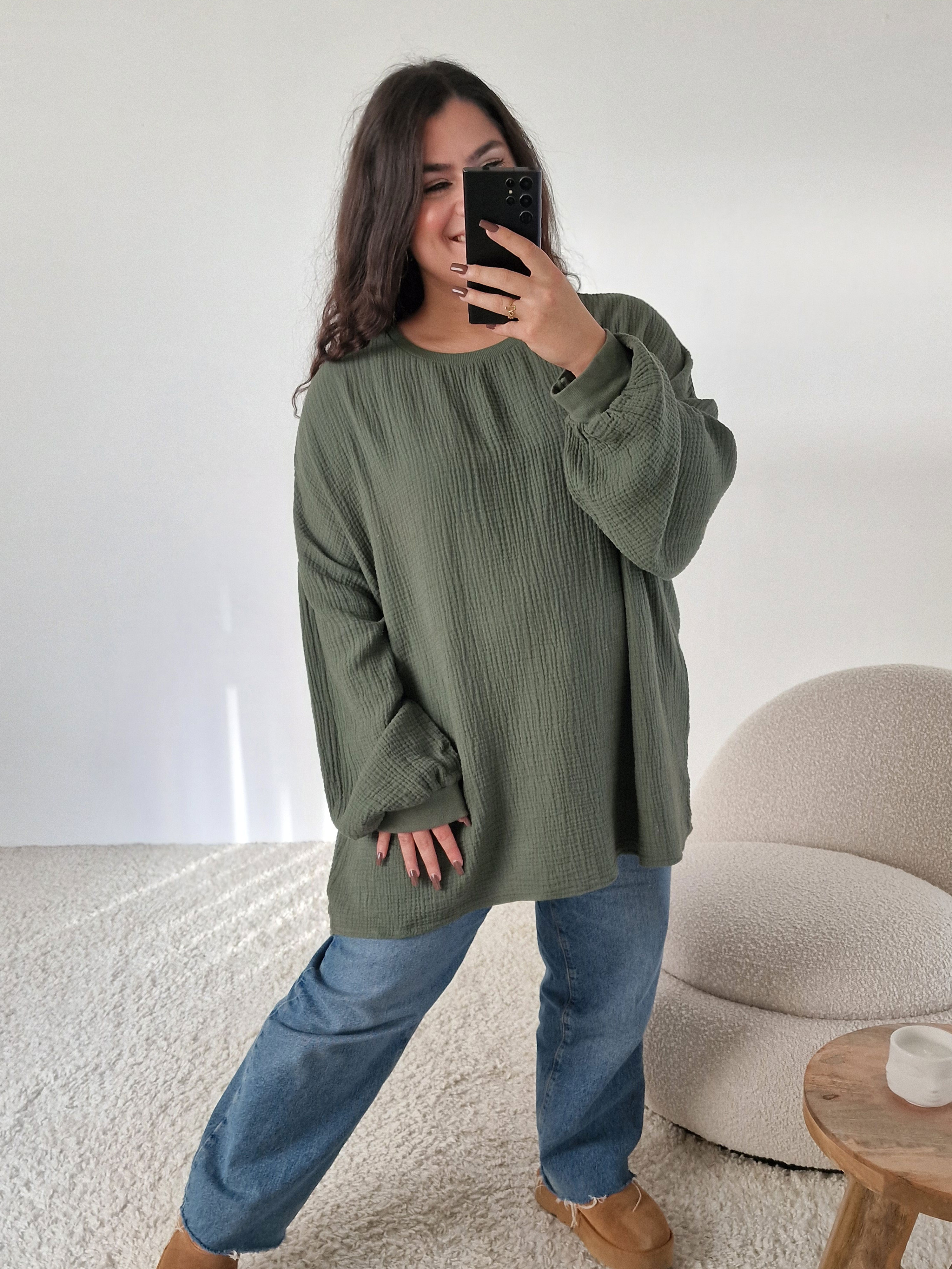 Musselin Oversize Sweatshirt - Olive