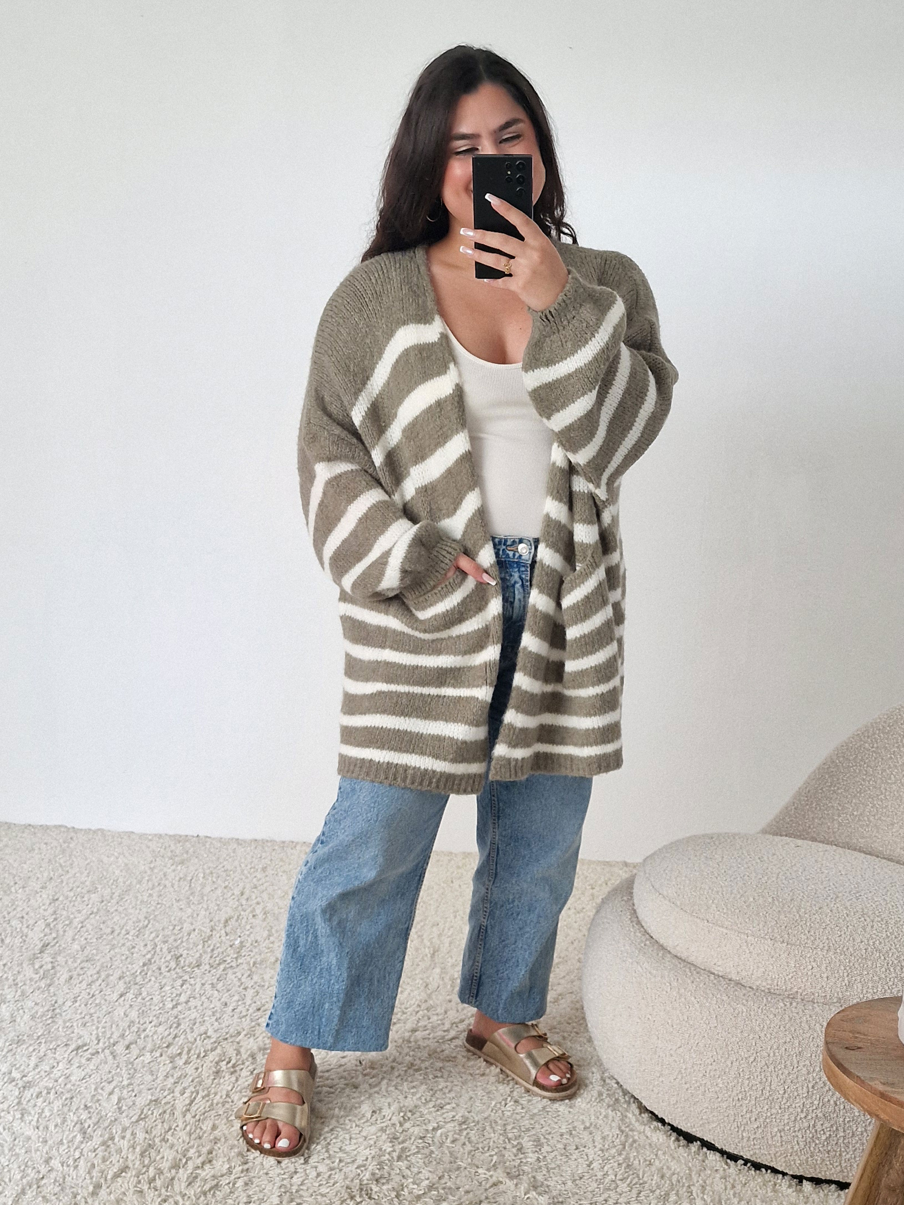 Oversize Cardigen mit Taschen FLAUSCHI - STRIPES - Matcha