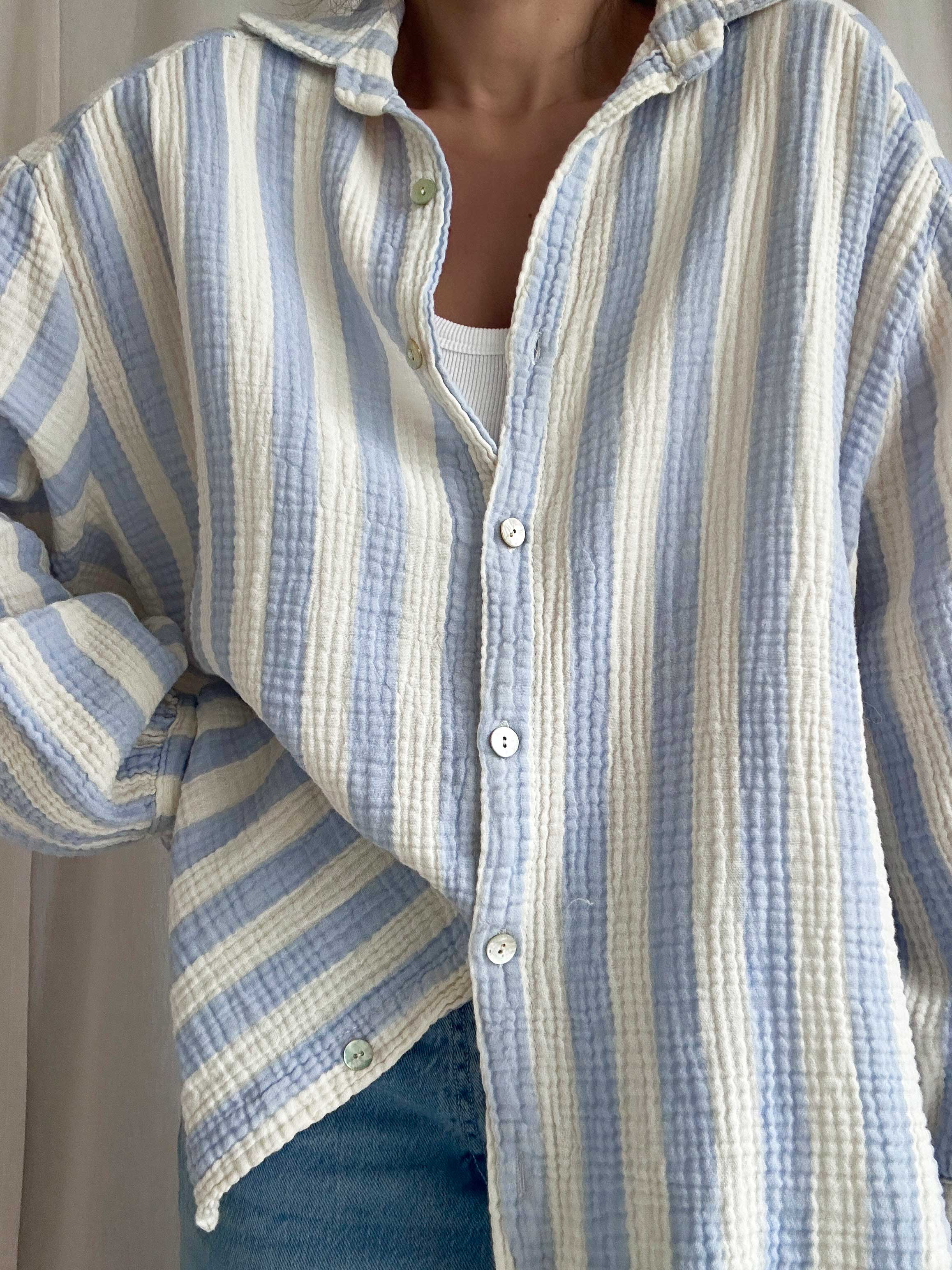 Musselin Long Oversize Bluse - Must Have - BIG STRIPES - Blau/Vanille