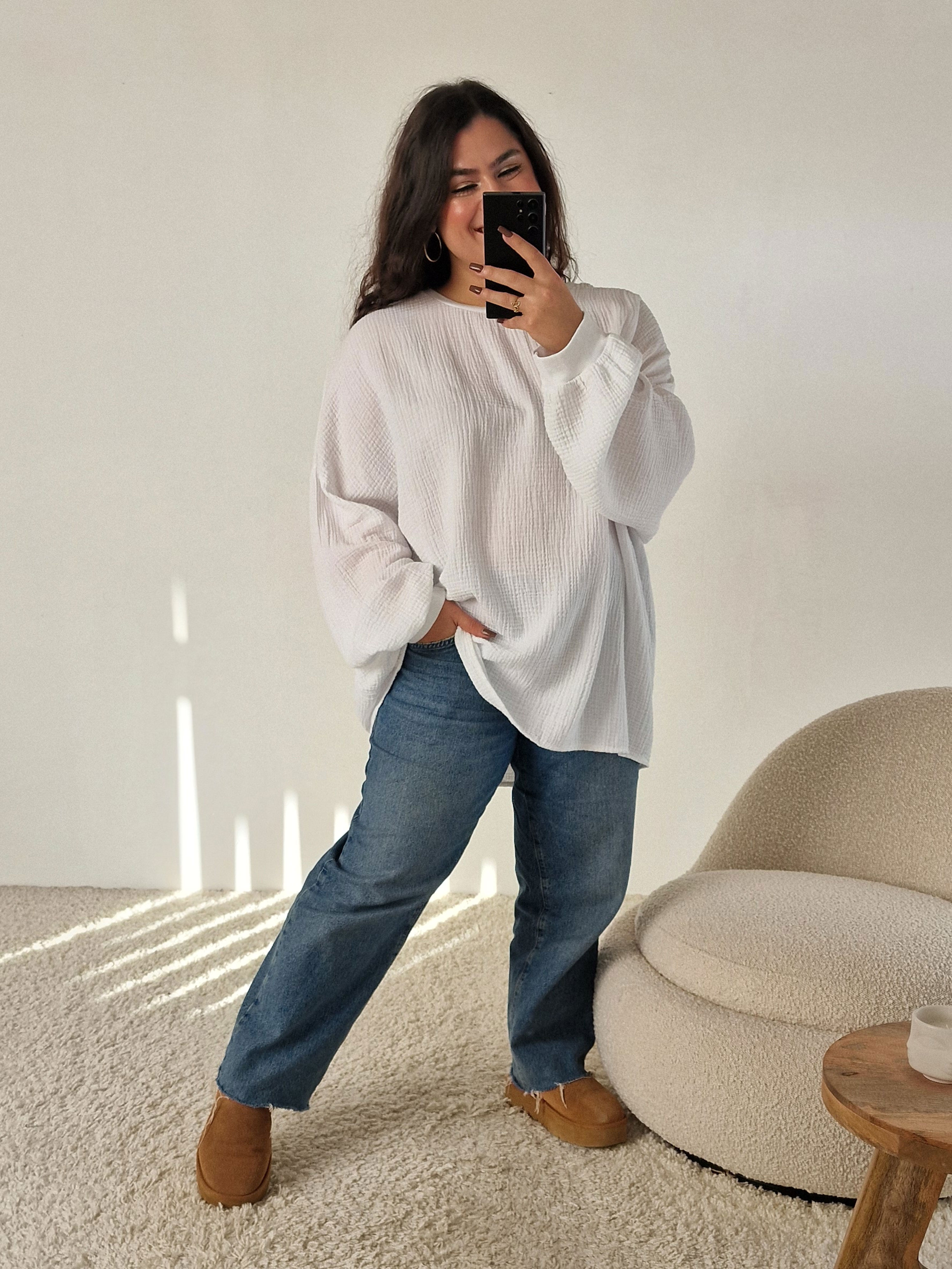 Musselin Oversize Sweatshirt - Weiß