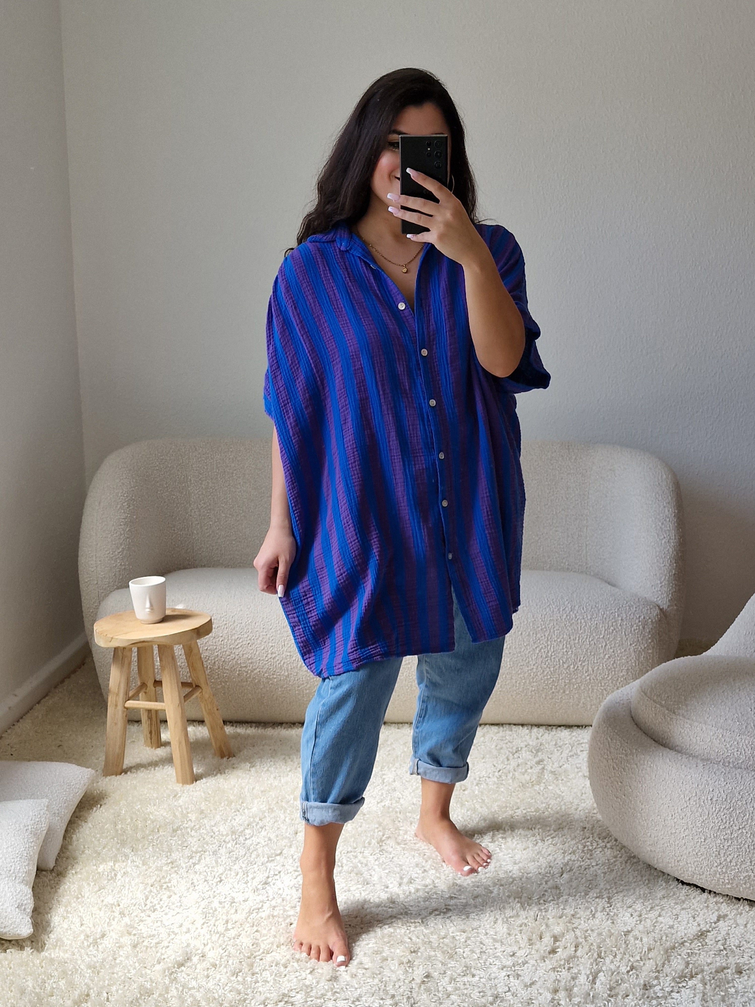 Musselin Oversize Kurzarm Bluse Long - BIG STRIPES - Blau/Lavendel