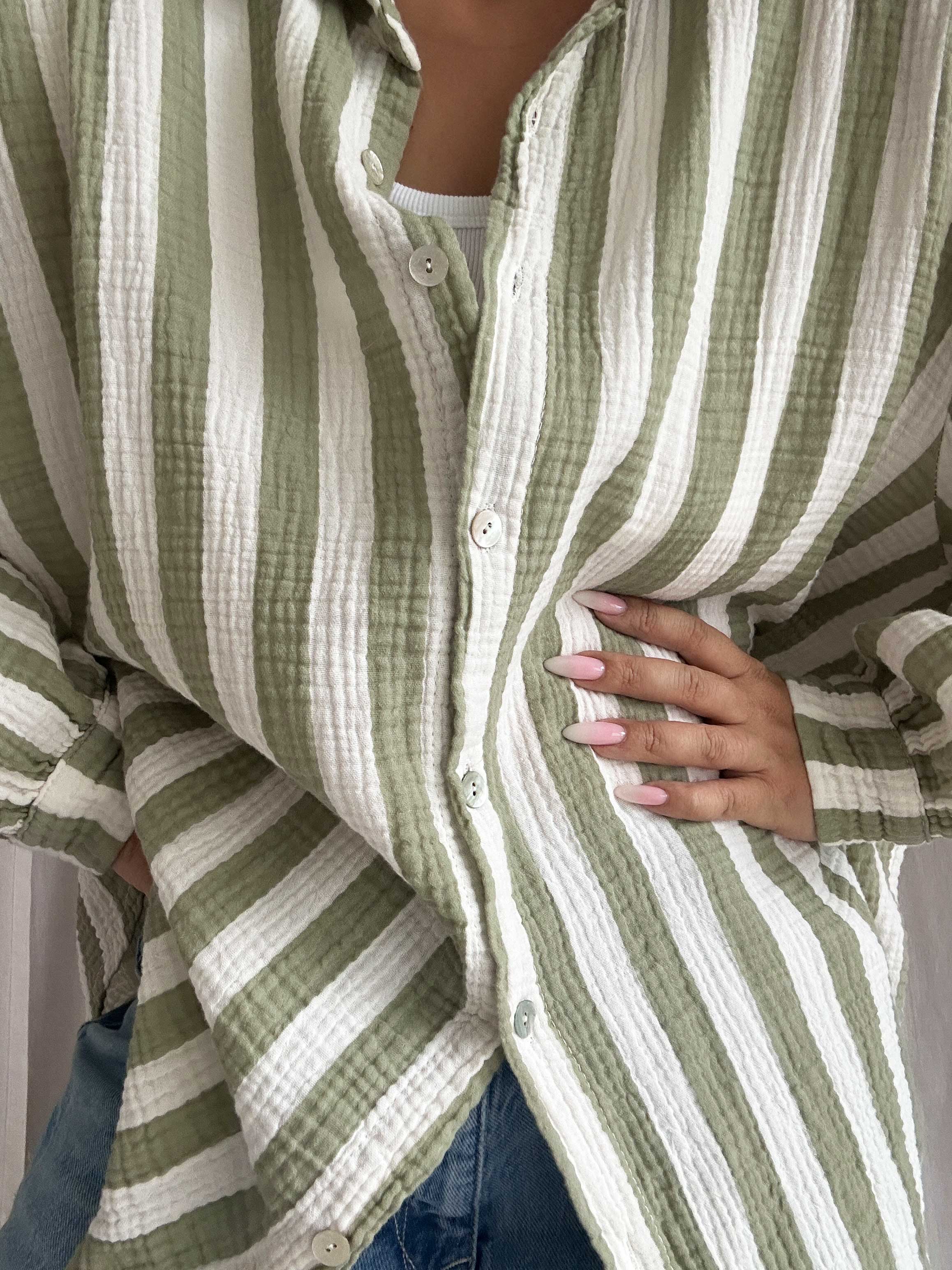 Musselin Long Oversize Bluse - Must Have - BIG STRIPES - Matcha/Vanille