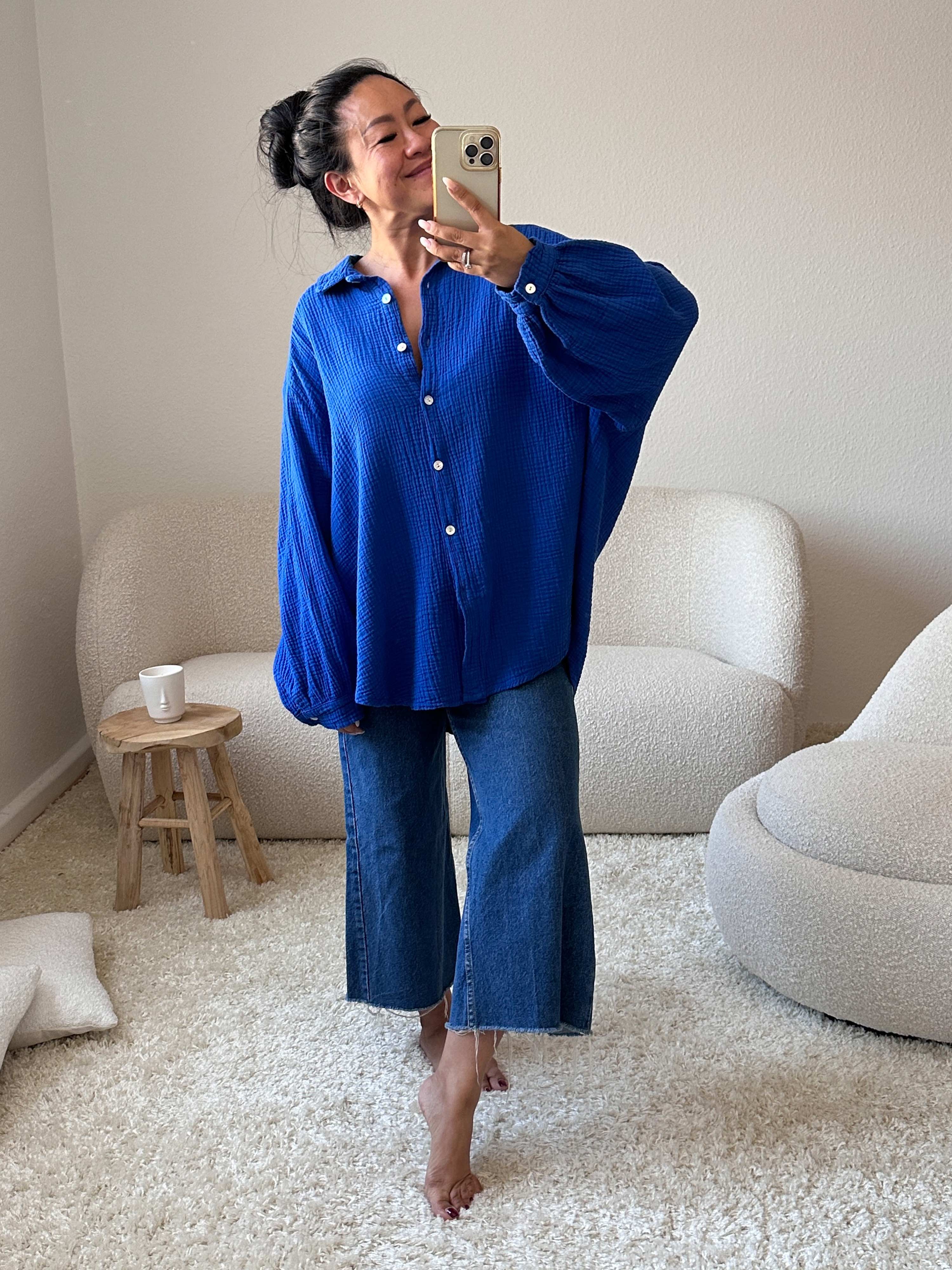 Musselin Midi Oversize Bluse - Royalblau