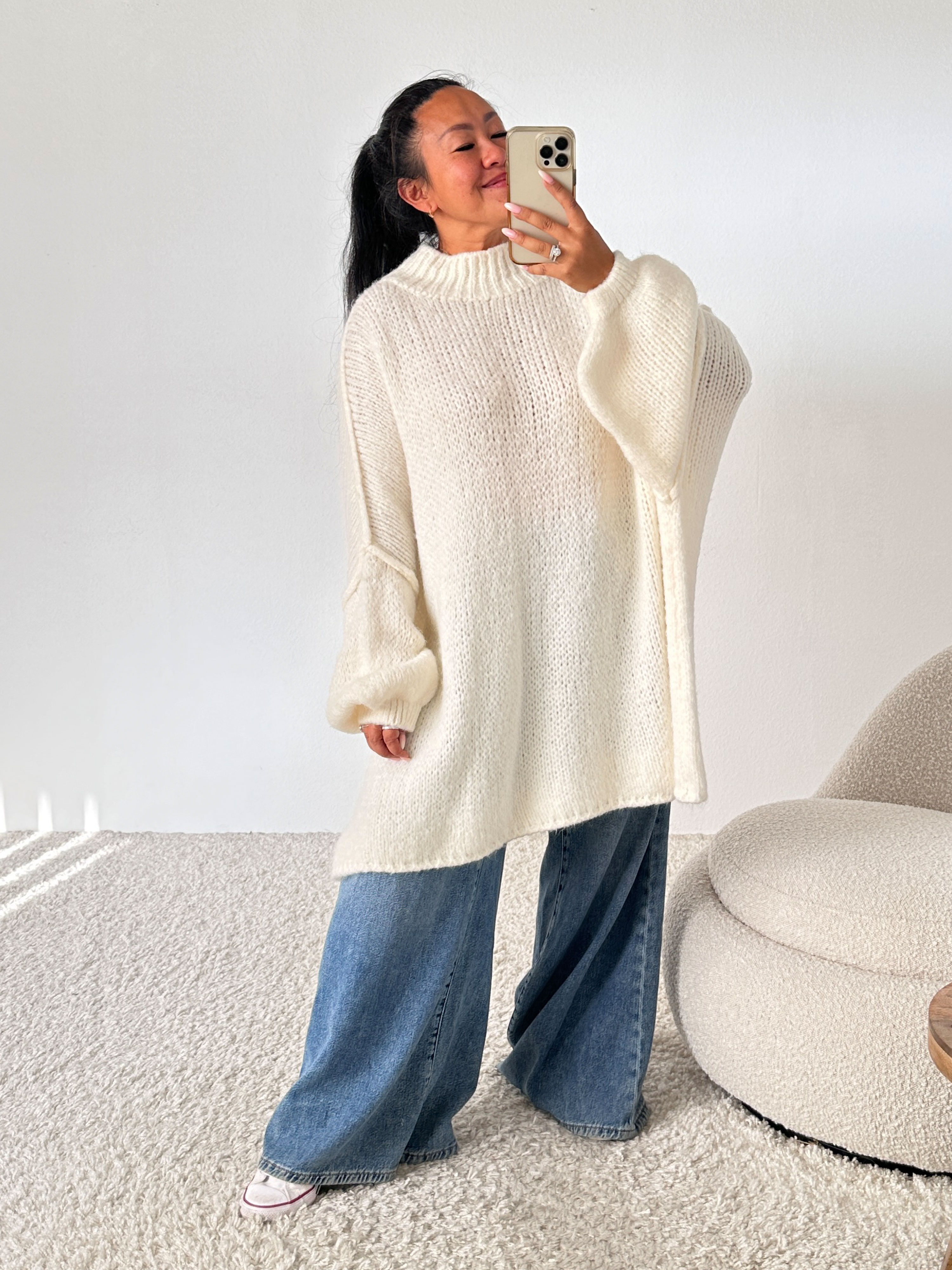 Oversize Strickpullover mit Stehkragen FLAUSCHI LINA - Creme