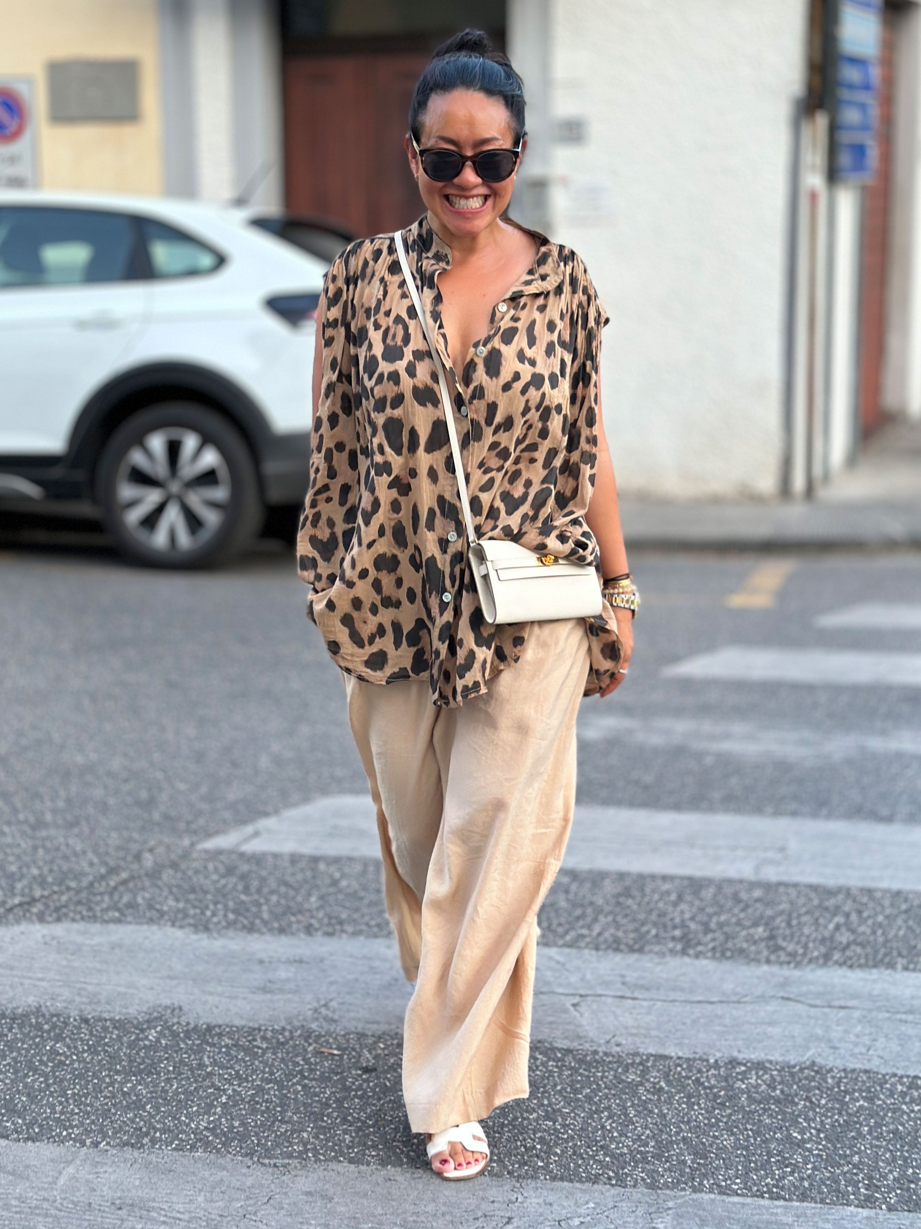 Leopard Kurzarm Bluse - ONESIZE - Leo Camel